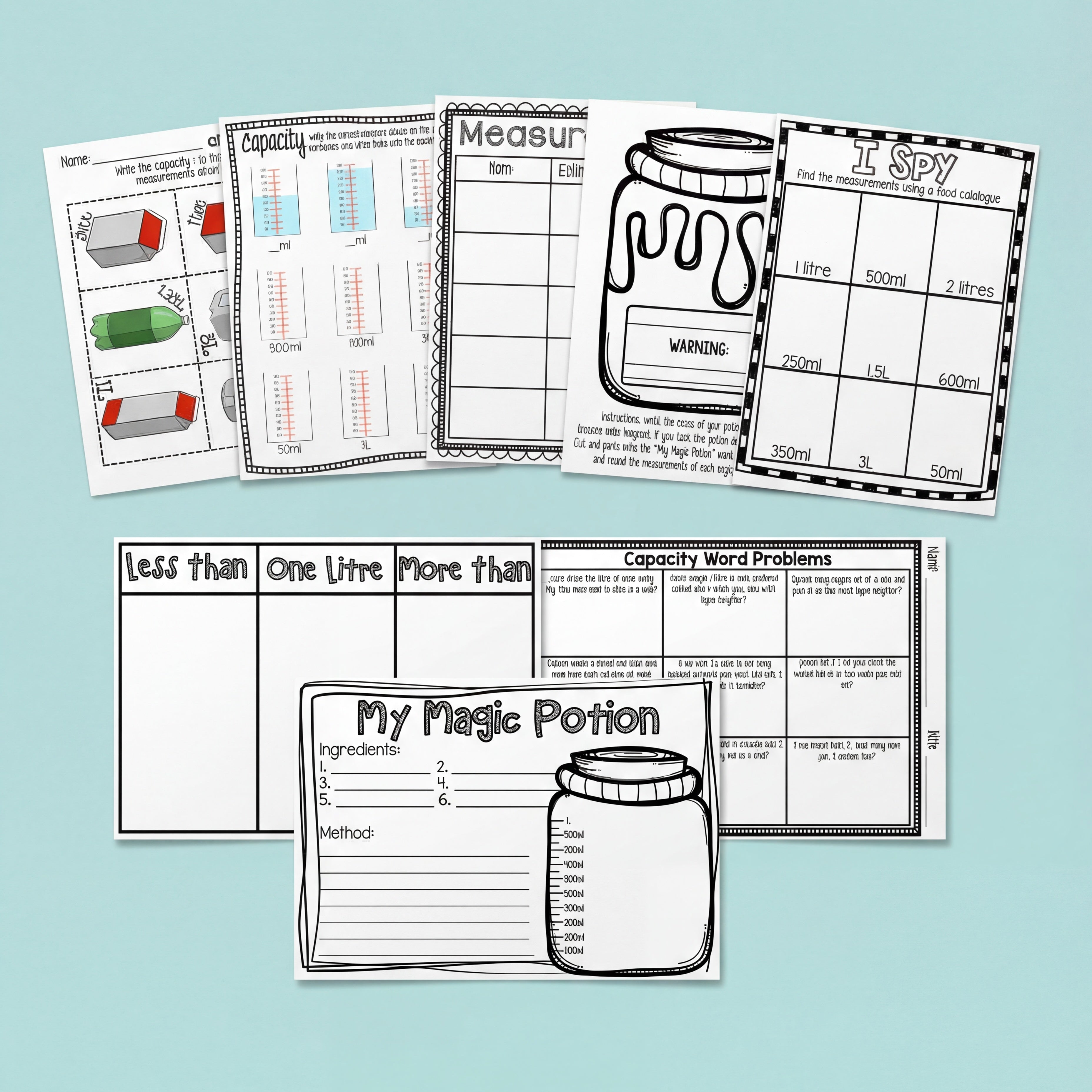 A black-and-white printable resource pack covering liquid measurement, including a capacity sorting chart, word problems, estimation charts, and a magic potion activity.