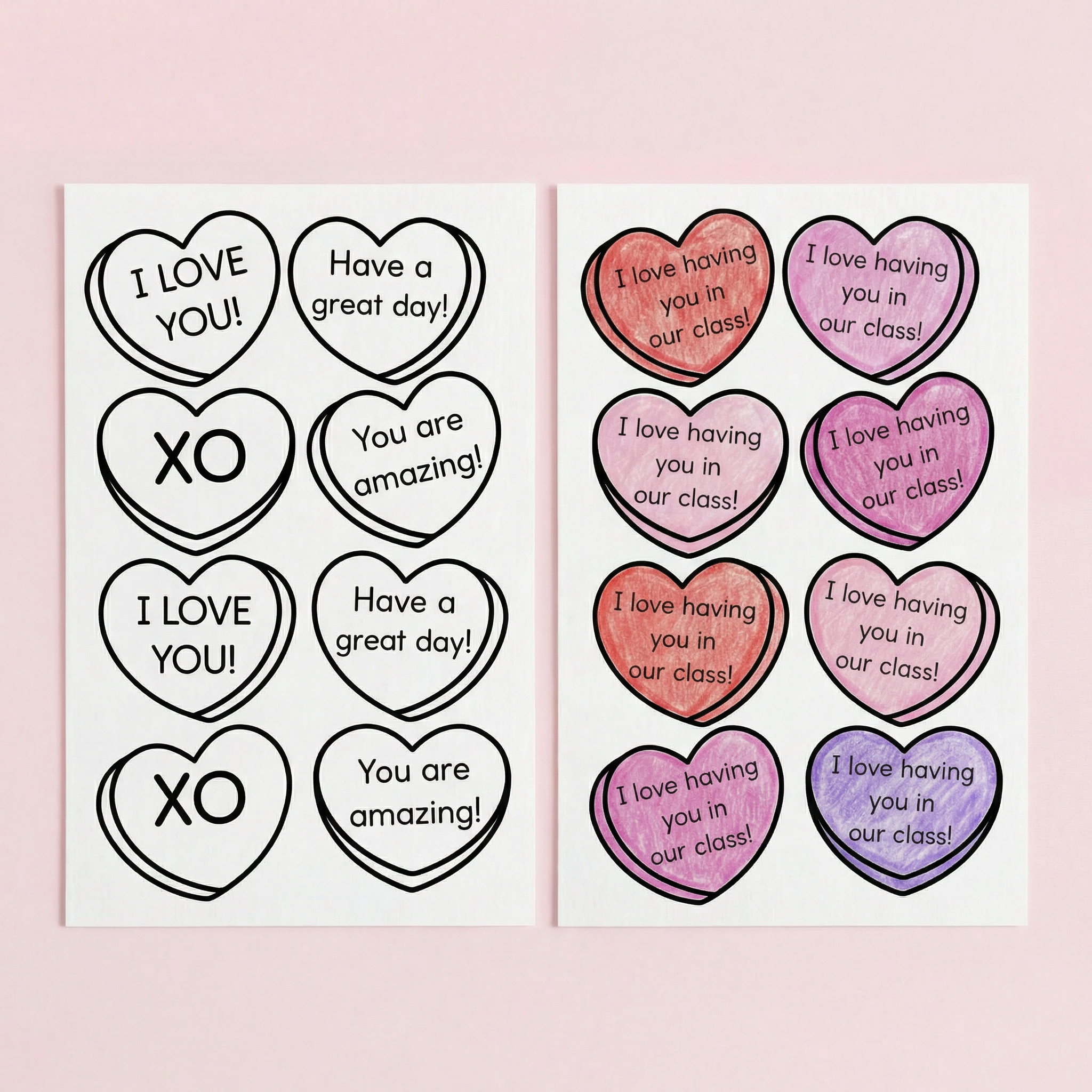 Two printable sheets of heart-shaped notes: one with black-and-white hearts featuring messages like “I love you,” “Have a great day,” “XO,” and “You are amazing,” and another with colored hearts saying “I love having you in our class,” displayed on a soft pastel background