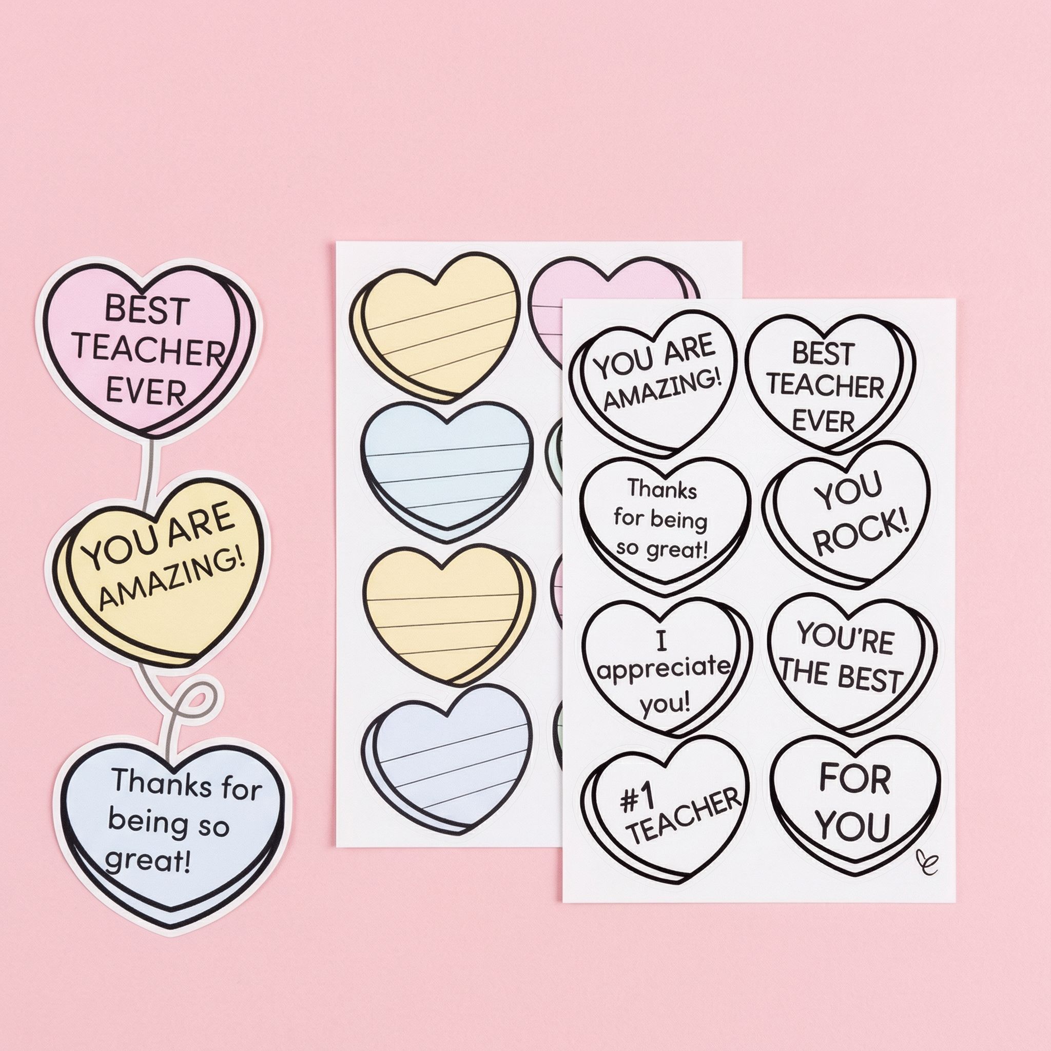 Printable teacher appreciation heart cards displayed on a pink background, including colorful and black-and-white versions with messages like “Best Teacher Ever,” “You are amazing,” and blank hearts for writing notes