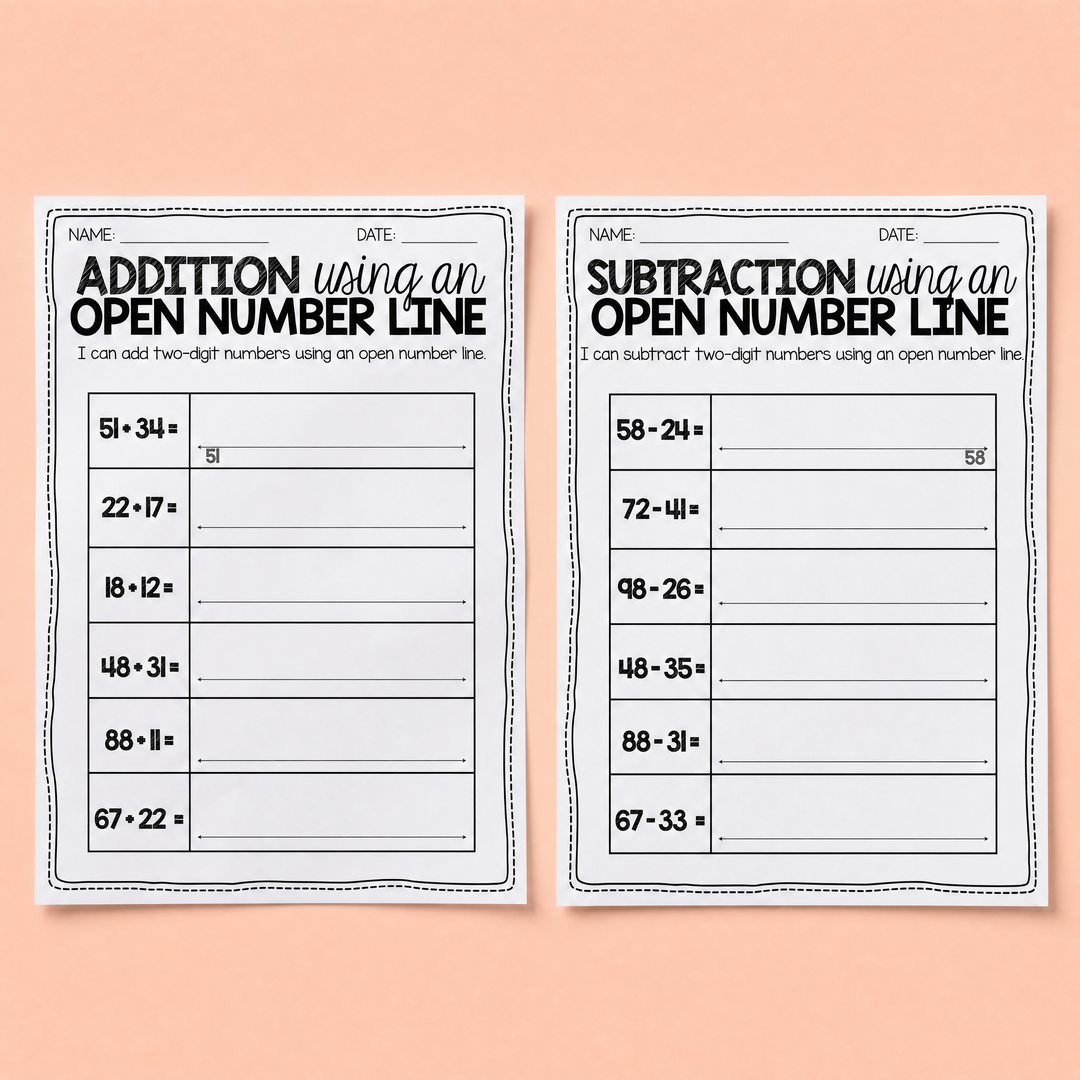 Master Addition & Subtraction with Open Number Lines digital resource displayed on a peach background.