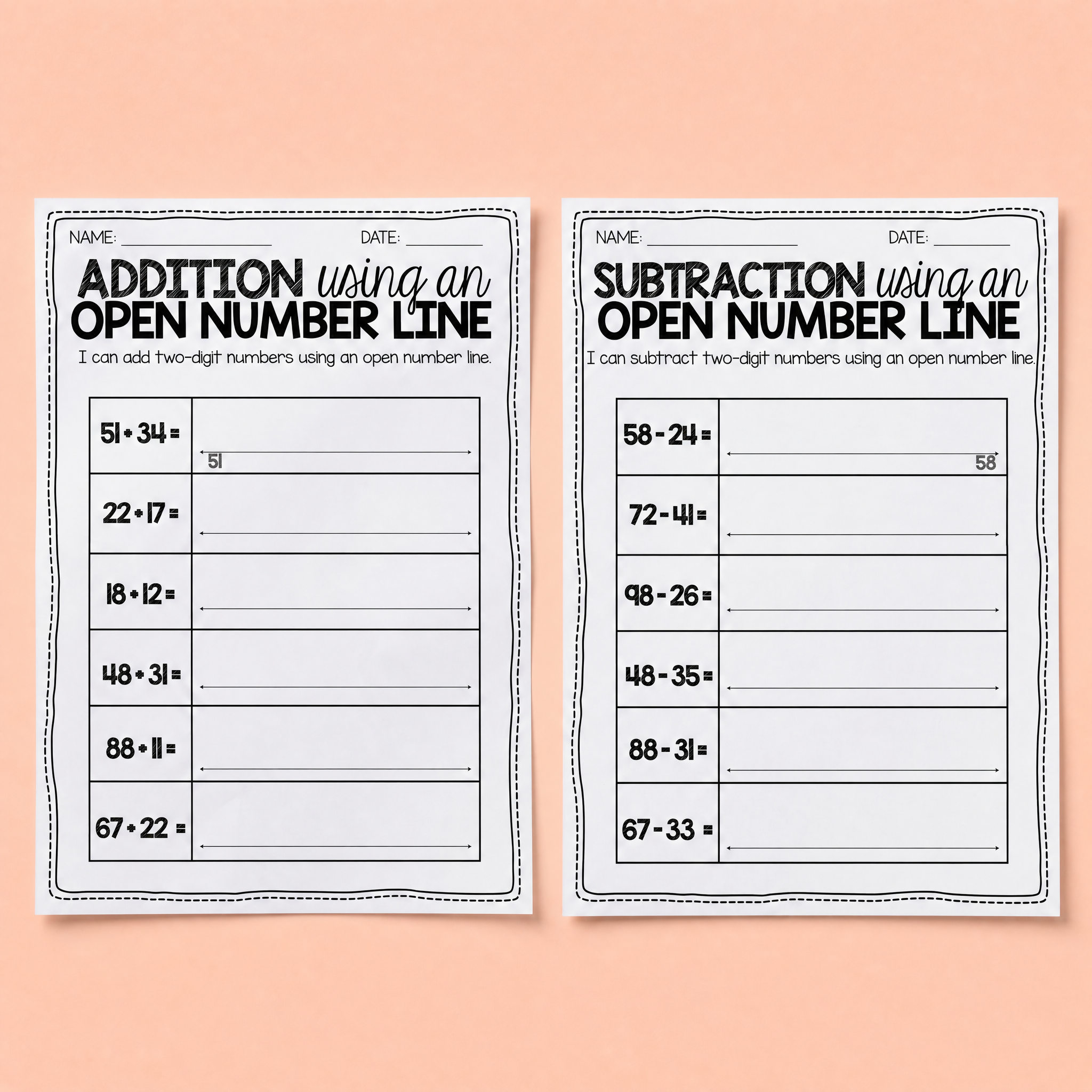 Master Addition & Subtraction with Open Number Lines digital resource displayed on a peach background.