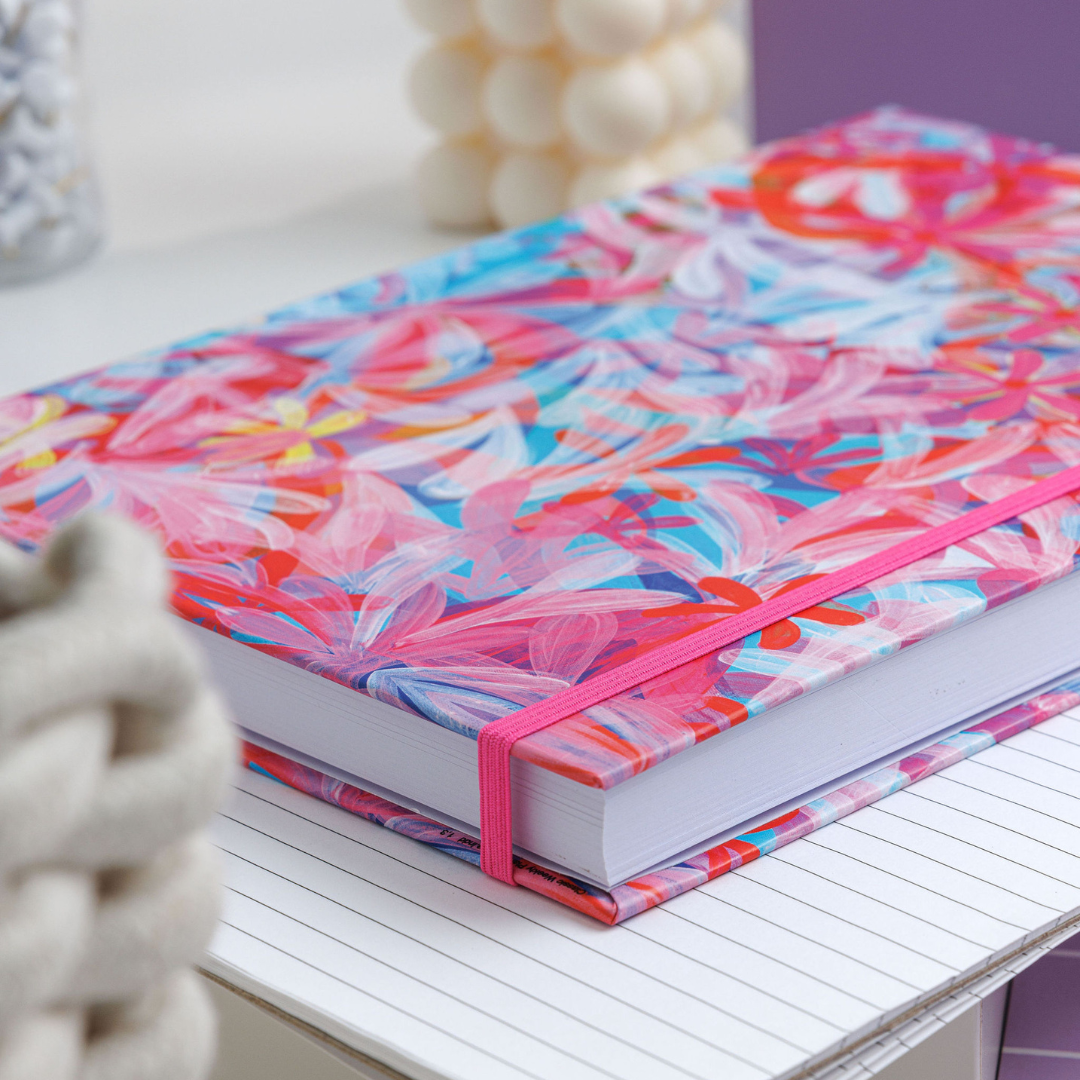 General planner with floral 'Upstream' artwork resting at an angle on a notebook, both lying on a desk.