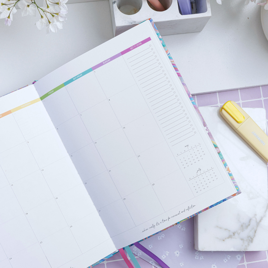 Open weekly planner focusing on the right page, displaying the June calendar alongside a to-do list and mini calendars for July and August.