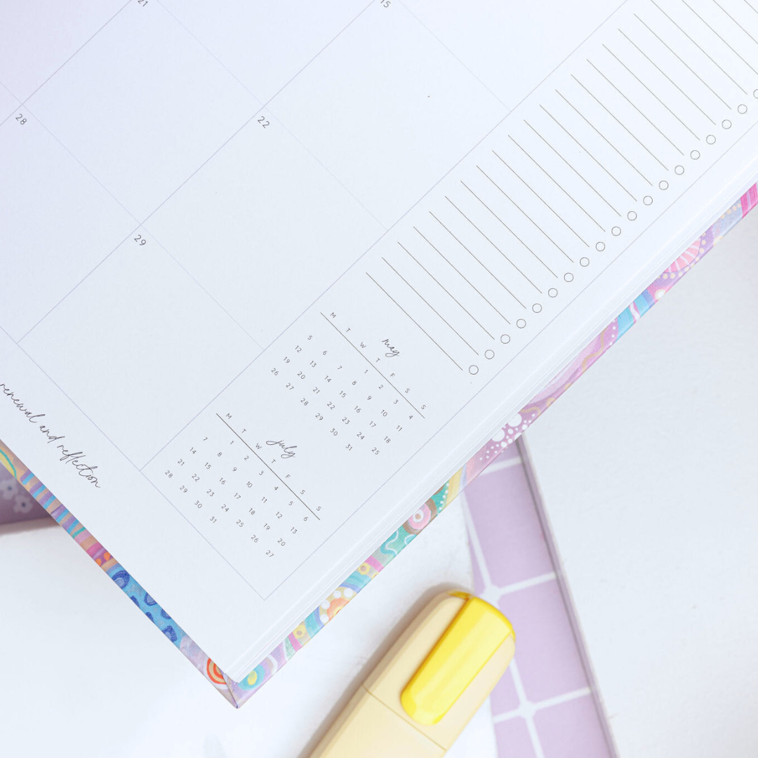 Close-up shot at a side angle, focusing on the right page of the general planner with the June calendar, to-do list, and mini calendars for July and August.