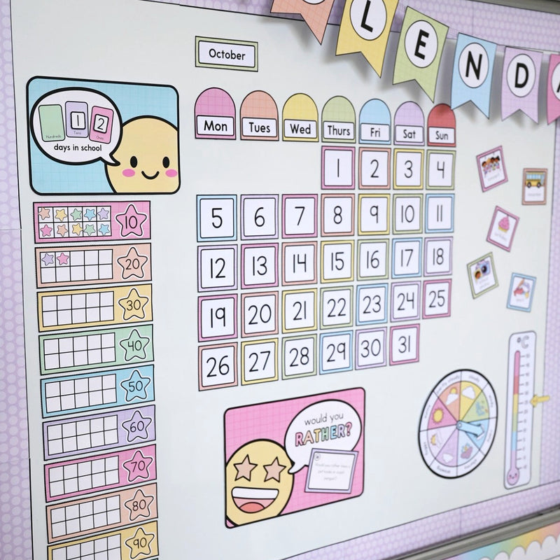 A pastel-colored educational calendar board with a monthly grid, ten-frame charts, a spinner wheel, and a banner reading 'CALENDAR' at the top, photographed indoors.