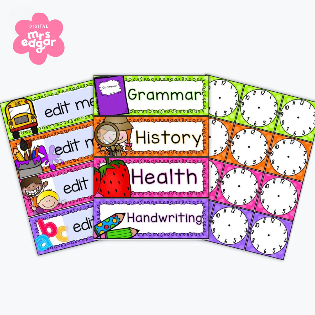 Editable classroom schedule cards arranged to showcase organised daily routines, featuring colourful designs for easy visual planning.