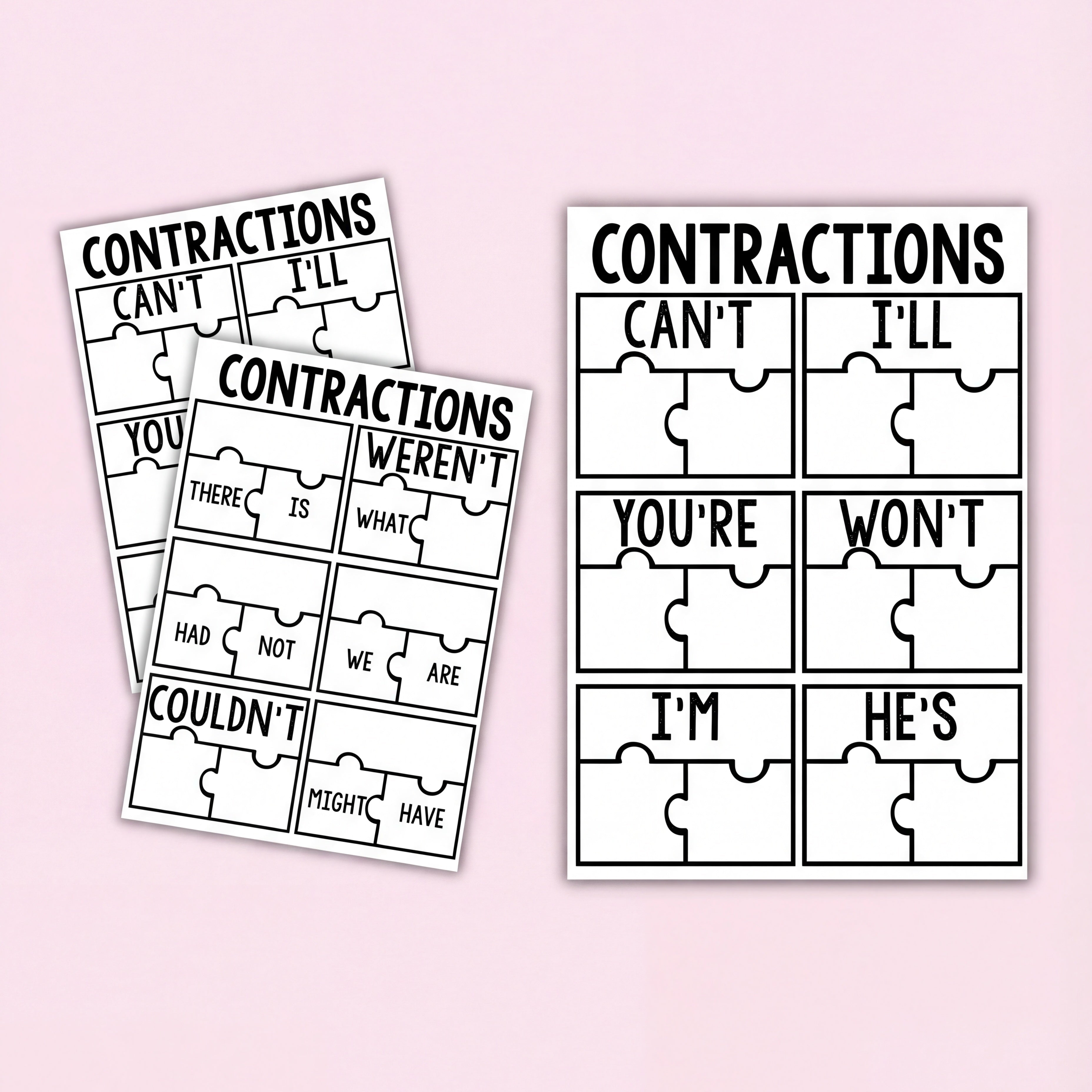 Three printable contraction puzzles fanned out, displaying words like 'you're,' 'there is,' and 'weren’t.' The background includes craft materials like popsicle sticks, hearts, and googly eyes.