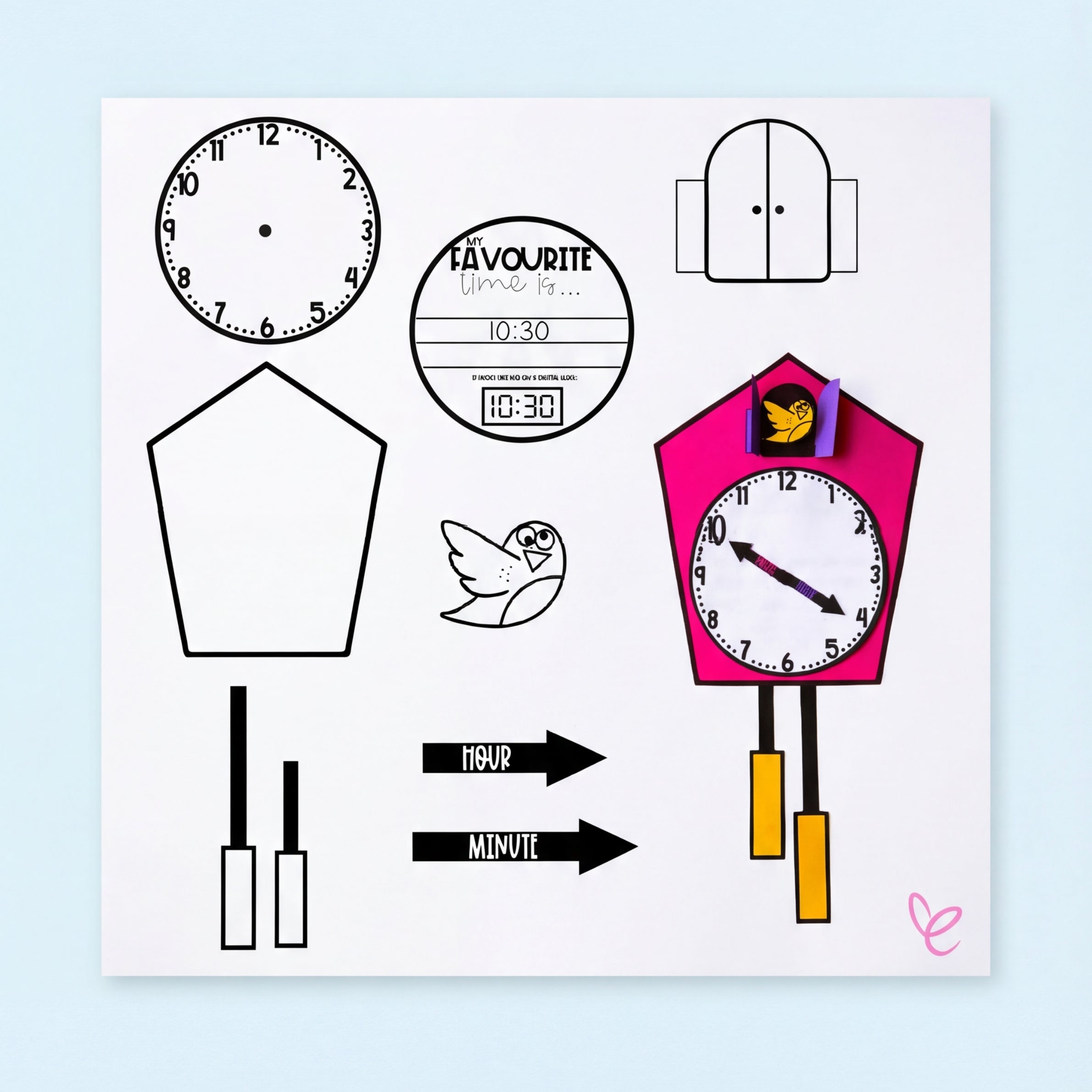 Interactive Cuckoo Clock craftivity for kids, featuring a fun, hands-on activity to teach and practice telling time.