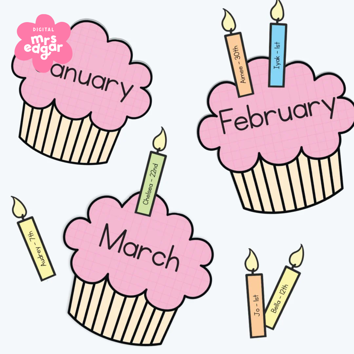 Three pink Birthday Cupcake Posters with candles for student names and birthdates, each cupcake showing a different month.