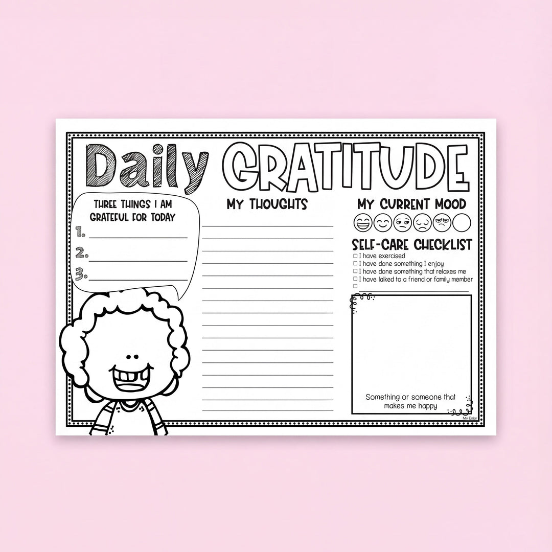 Black-and-white 'Daily Gratitude' worksheet pinned to a board, featuring sections for gratitude, thoughts, mood tracking, and a self-care checklist. A cartoon girl illustration sits on the left, with colourful crayons at the bottom