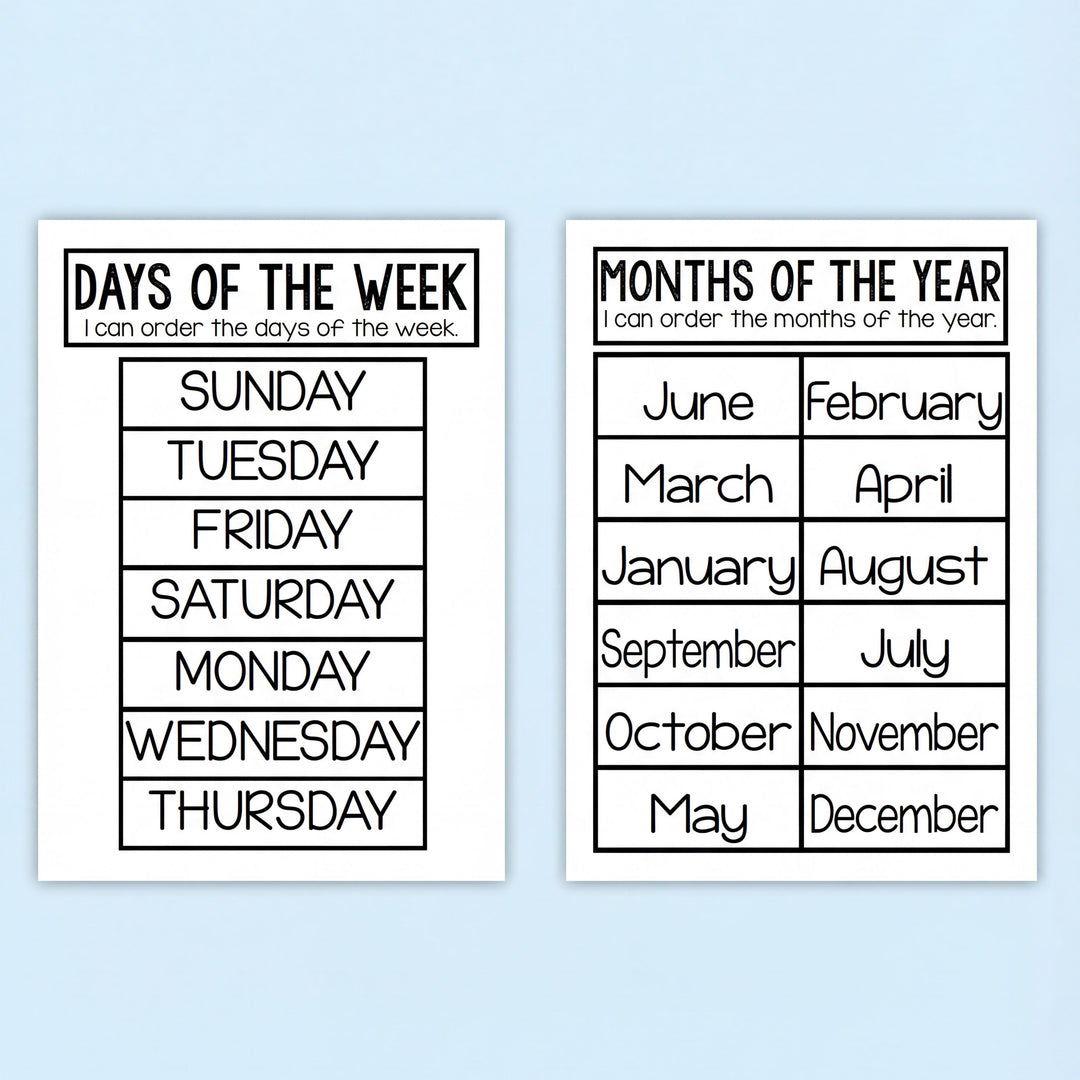 Days of the Week and Months of the Year digital teacher printable displayed on a white background, surrounded by craft items.