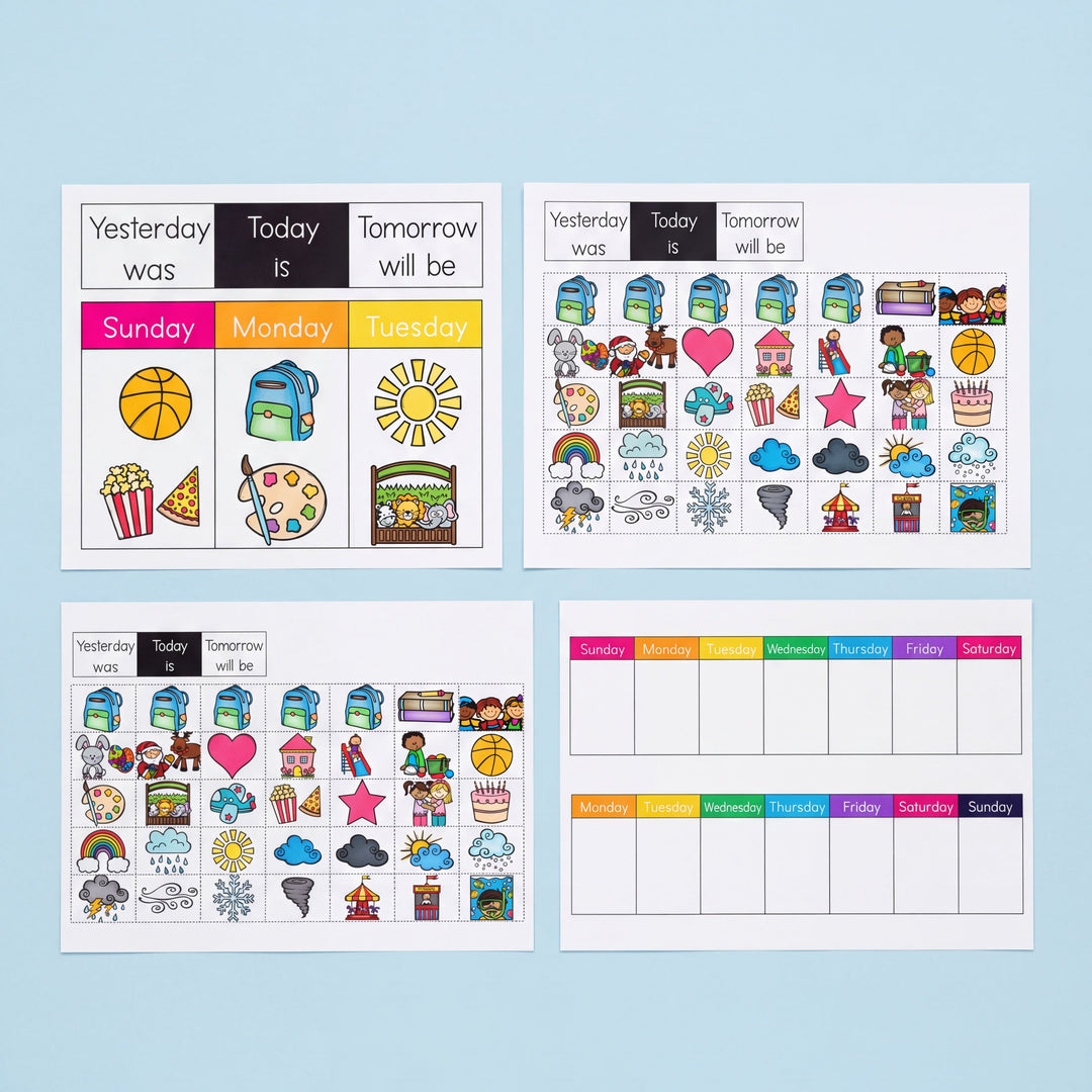 Classroom display showing ‘Yesterday was, Today is, Tomorrow will be’ header cards above a colourful chart with Sunday, Monday, and Tuesday. Each day has visual icons such as a basketball, backpack, sun, and paint palette representing daily activities.