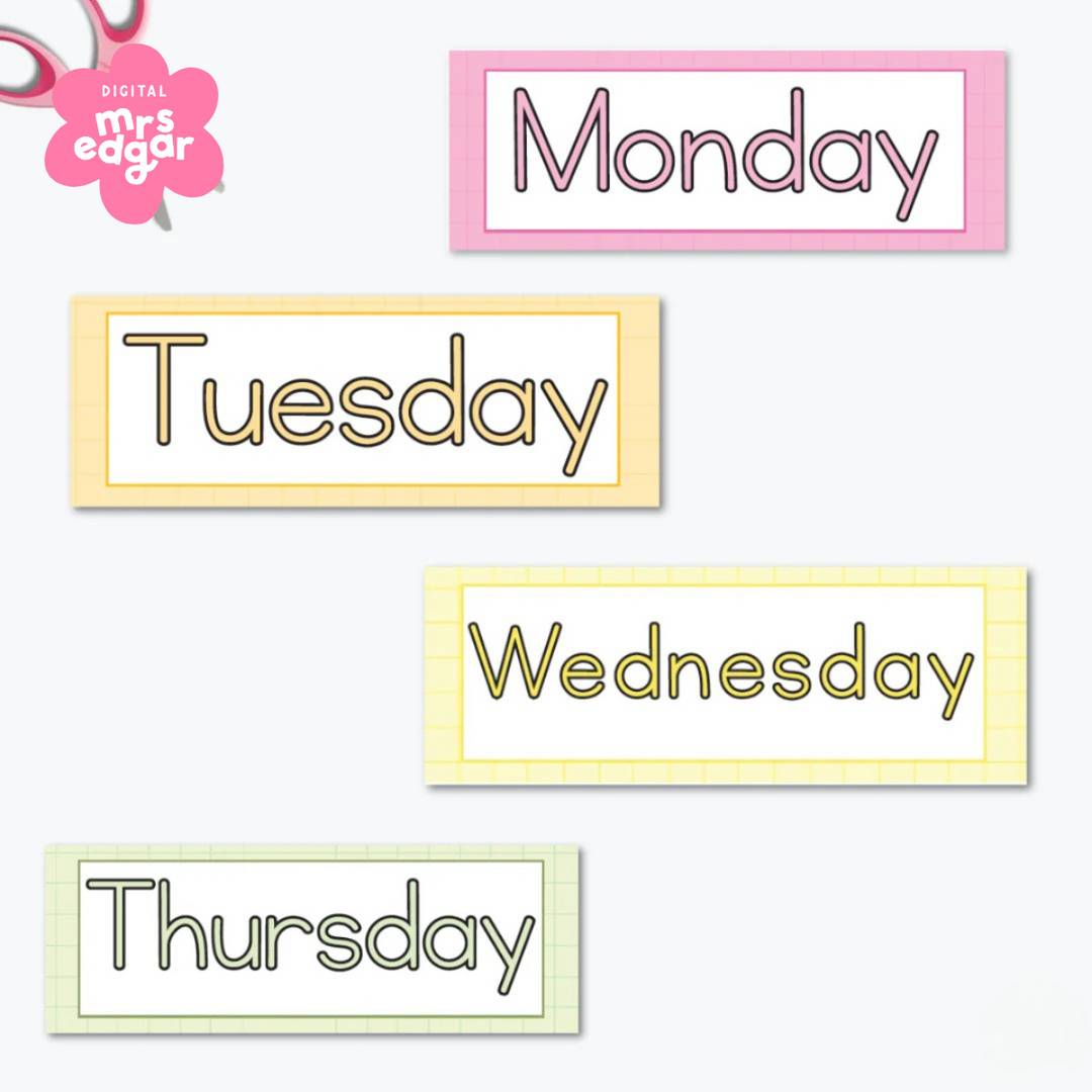 Colourful 'Days of the Week Labels' each label in a distinct bright shade, arranged in a visually engaging display for classroom decor.