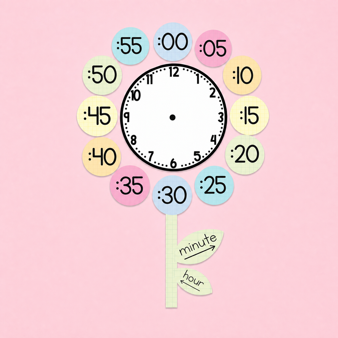 Pastel classroom clock display showing minute markers in five-minute intervals around an analogue clock face, designed to help students learn to tell time.