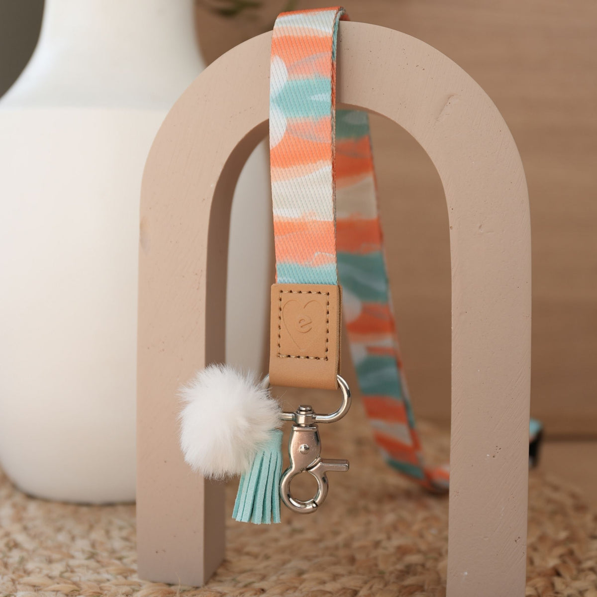 Dreamy Afternoon teacher lanyard by Claire Desjardins full length, silver clasp, white pom pom and mint tassel