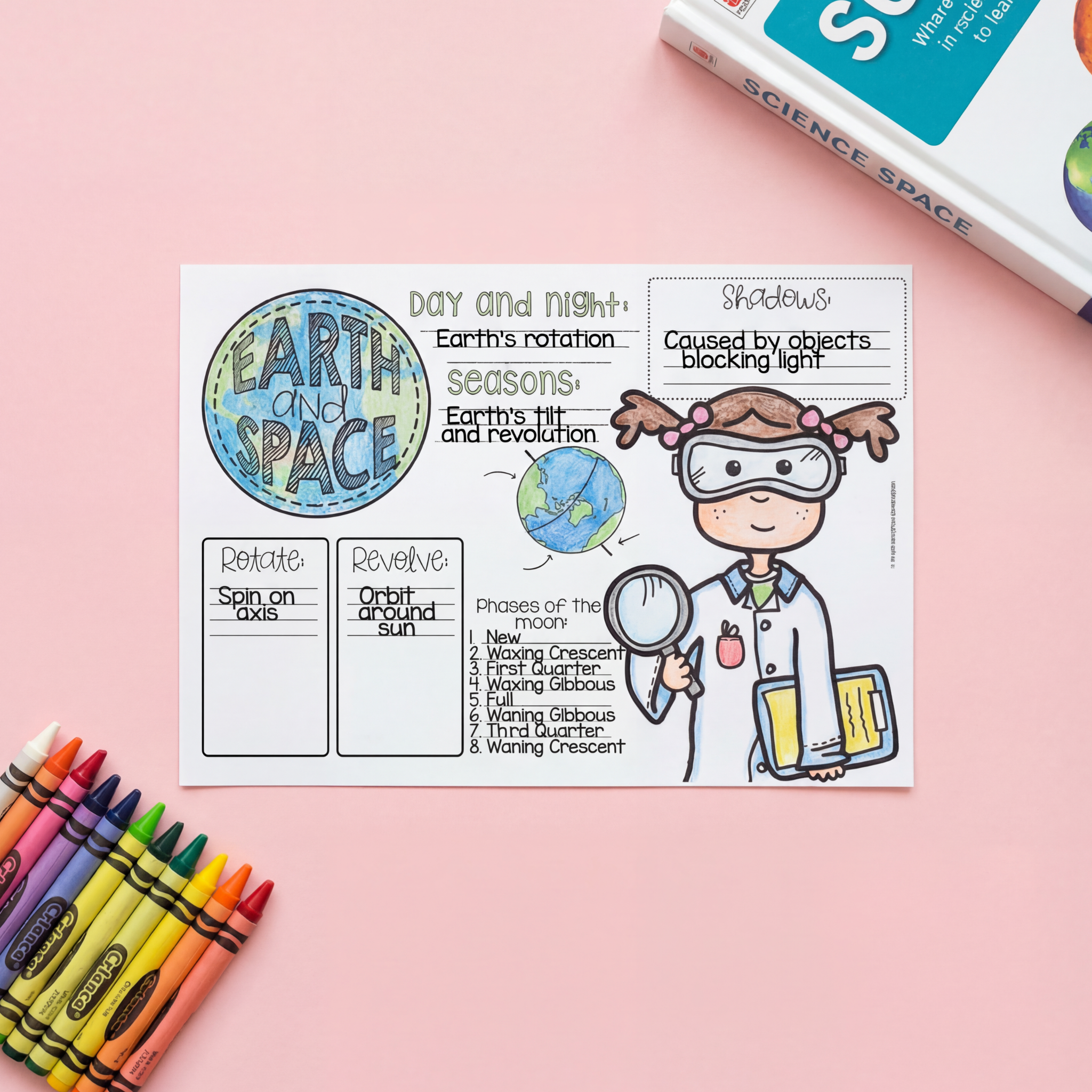 A black-and-white Earth and Space-themed worksheet for kids featuring sections for writing about day and night, seasons, shadows, the moon phases, rotation, and revolution. A cartoon scientist character wearing goggles and holding a magnifying glass adds a fun touch.