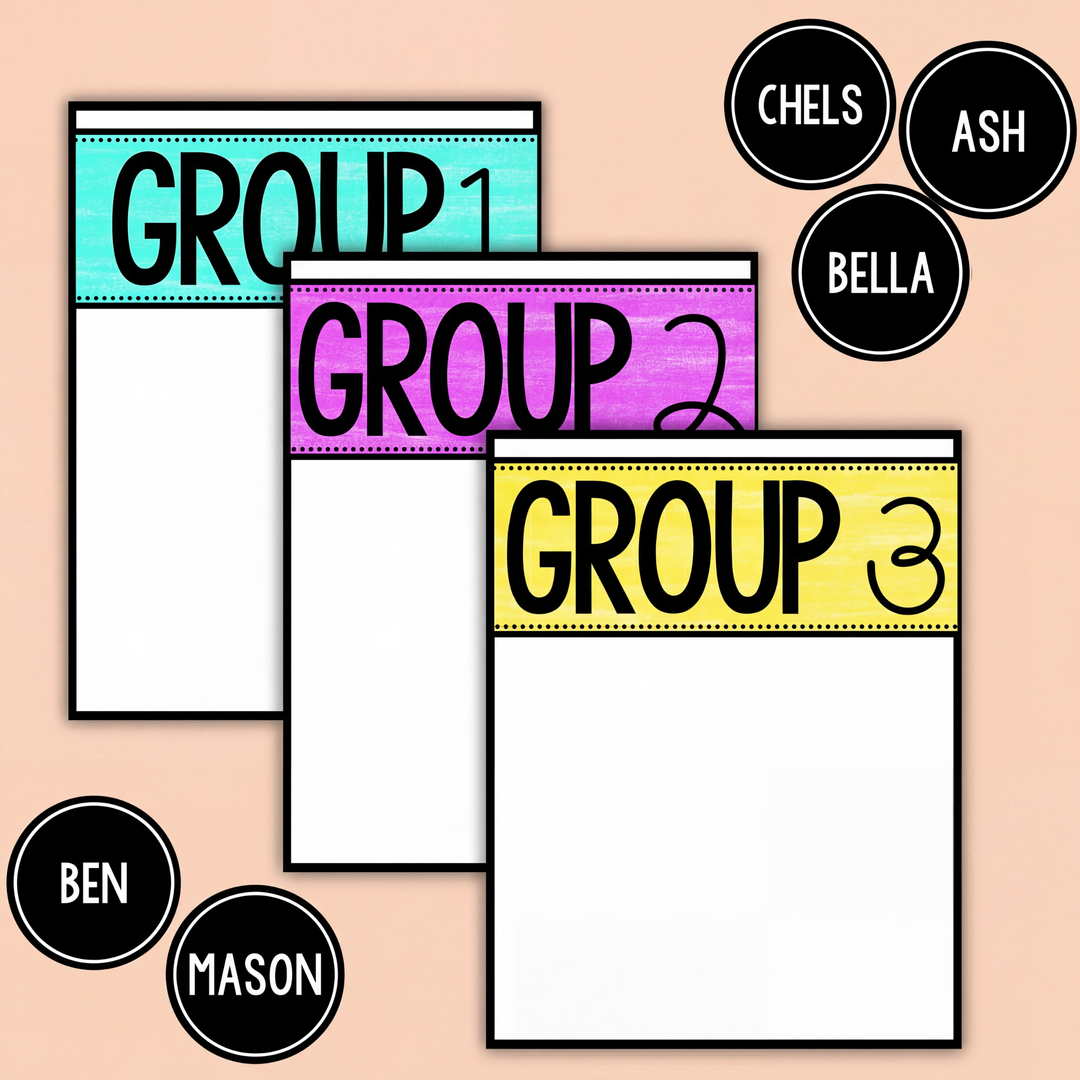 Classroom group display charts labelled Group 1, Group 2, and Group 3 in turquoise, purple, and yellow, with black circular student name tags including Chels, Ash, Bella, Ben, and Mason.