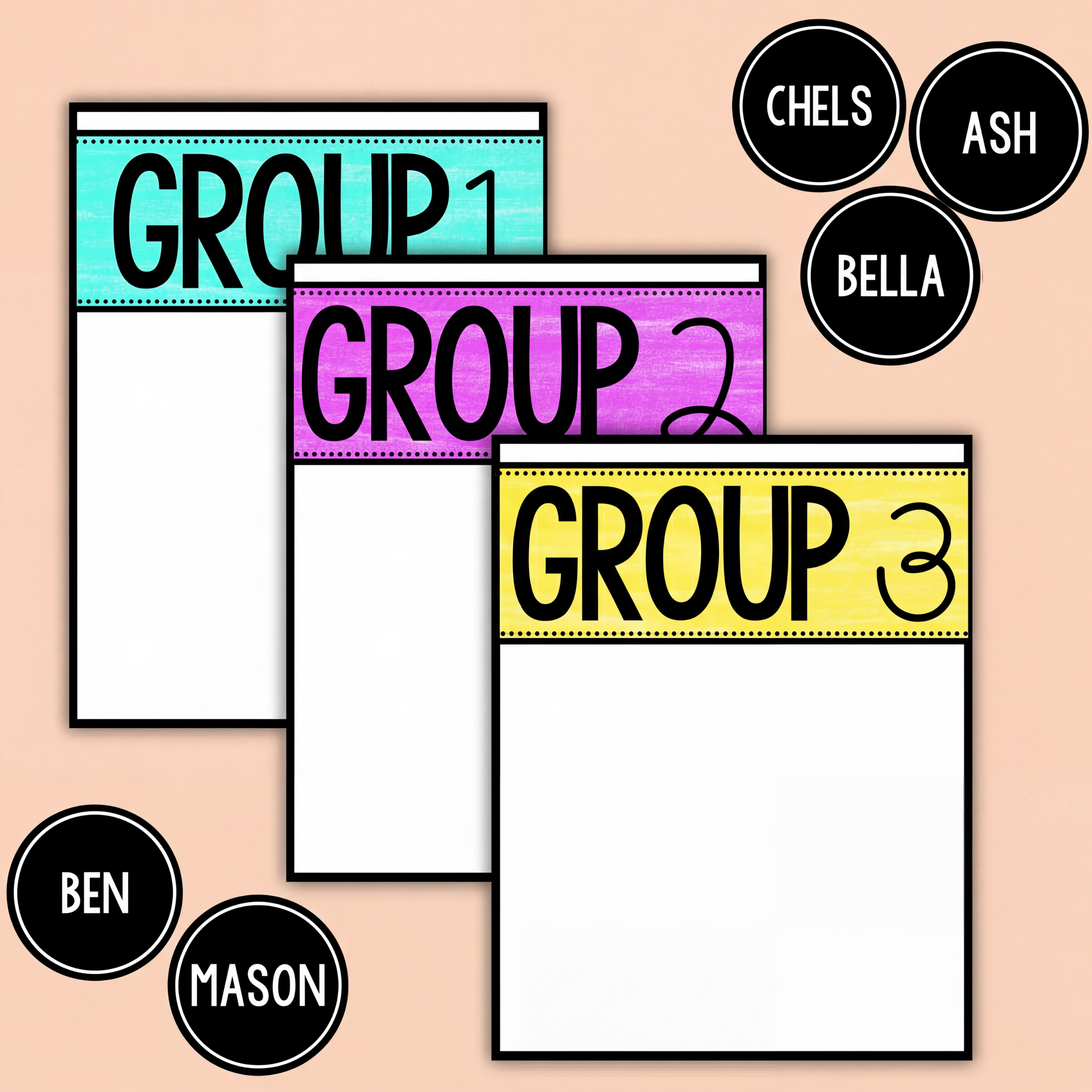 Colourful group display posters labeled "Group 1", "Group 2", and "Group 3" with editable black circular name tags for students including names like Chels, Ash, Bella, Ben, and Mason. A pair of scissors suggests cutting them out for use.