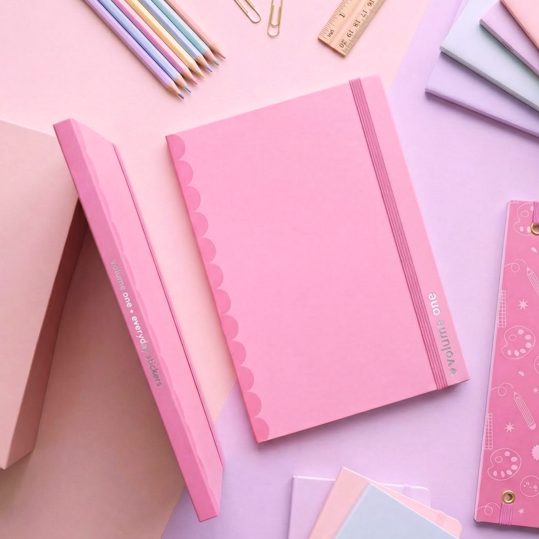 Pink sticker book for students, ideal for organising planner stickers and school stationery in a pastel aesthetic