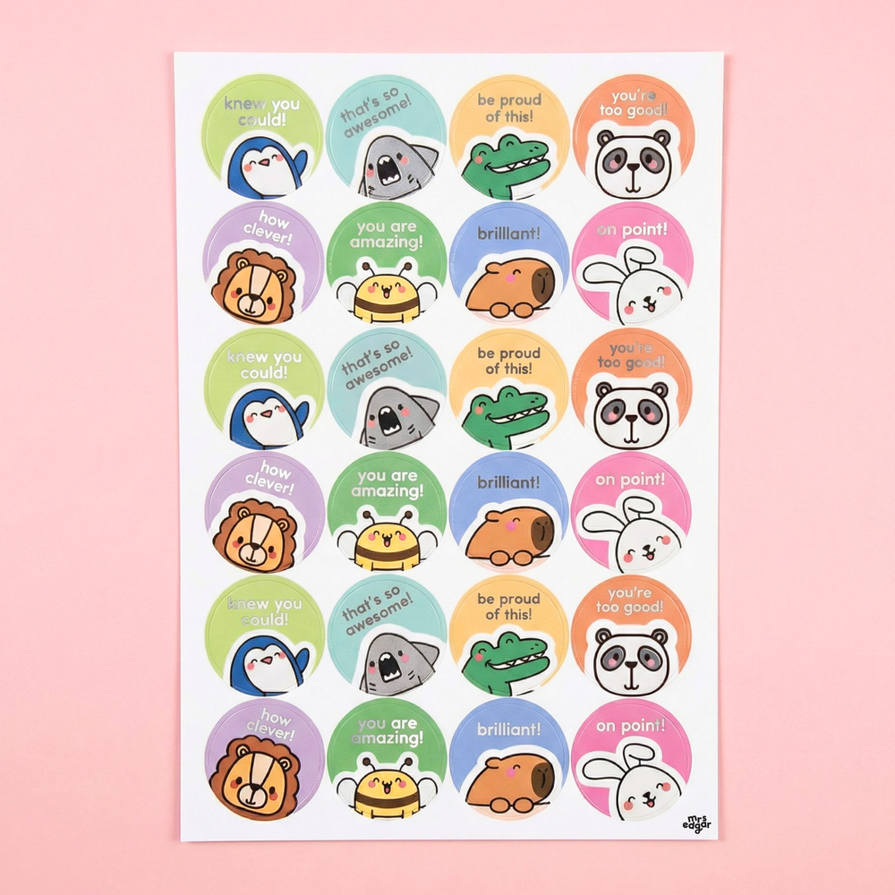 Cute animal reward stickers for students with positive phrases like brilliant, you are amazing and on point in colourful circles