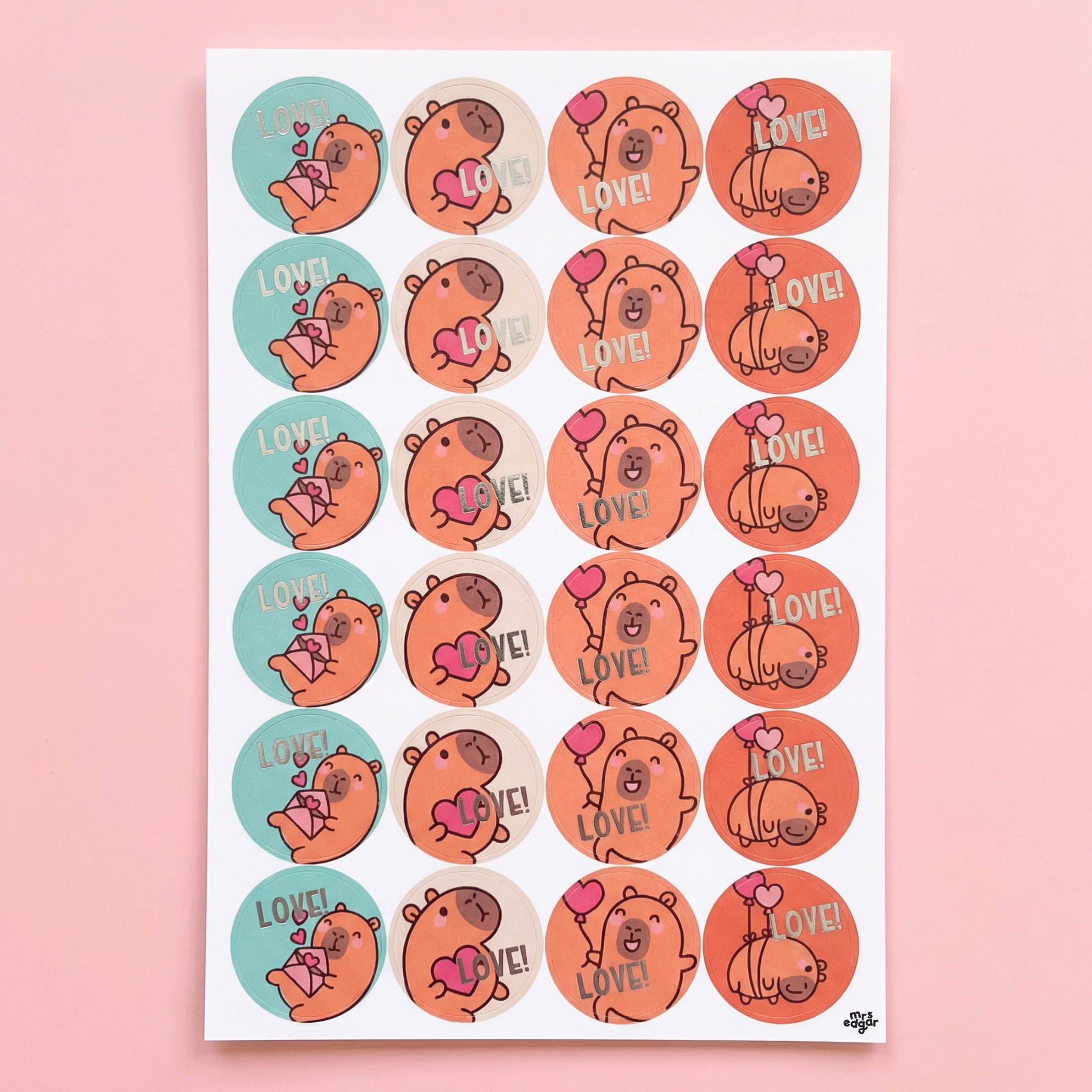 Foiled teacher reward stickers with adorable Capybara designs and love messages for primary classroom use