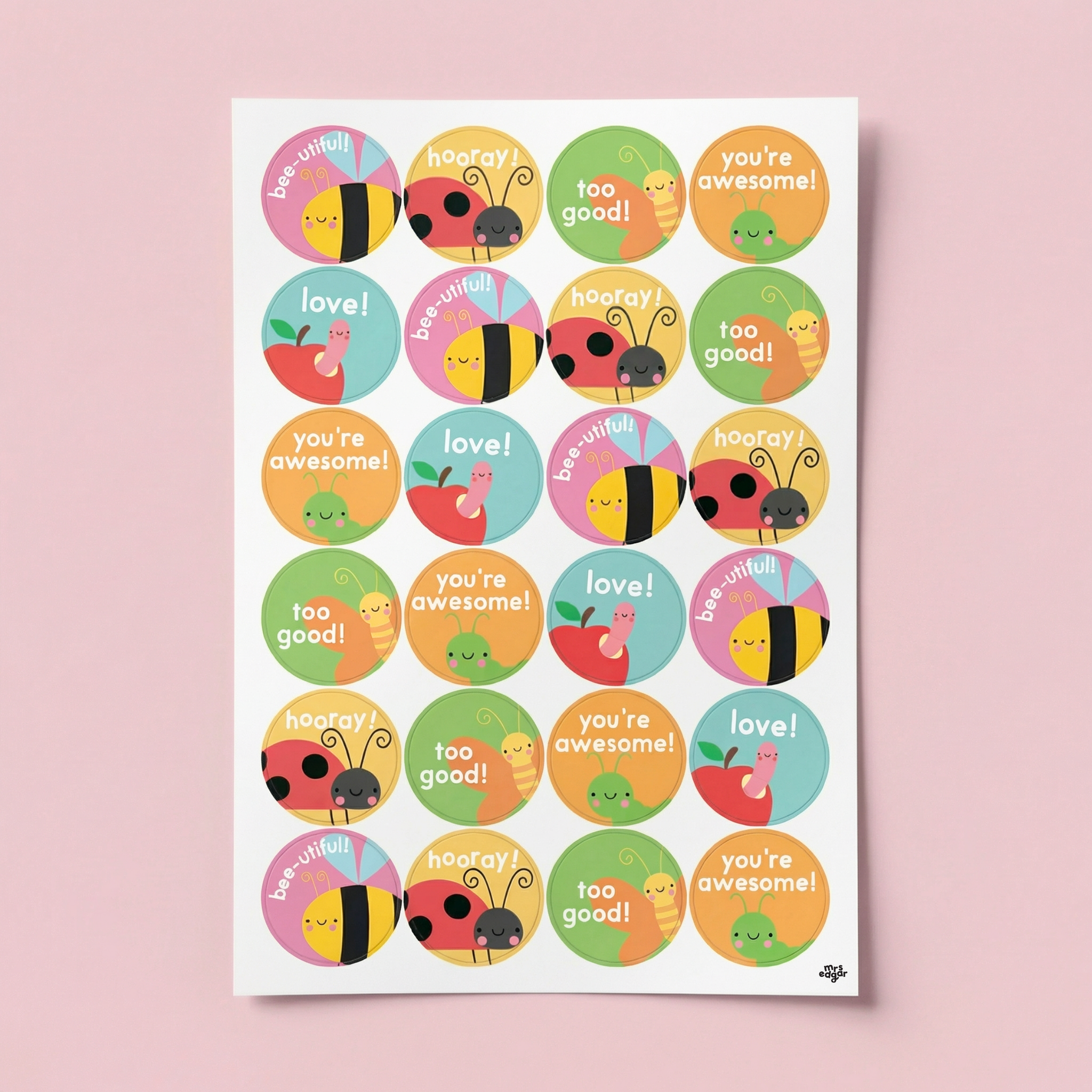 Cute insect reward stickers for students with positive phrases