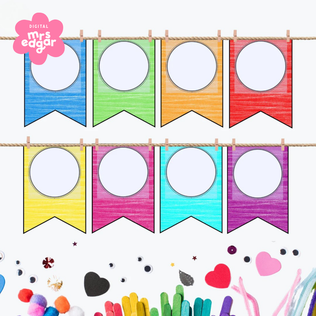 A colourful classroom banner displayed on a rope with eight chalk-textured flags in blue, green, orange, red, yellow, pink, purple, and teal.