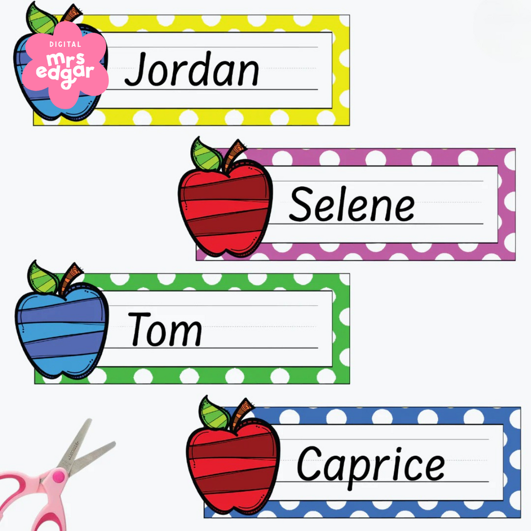 A collection of colourful apple-themed nameplates for students Jordan, Selene, Tom, and Caprice, shown ready to cut out for classroom use.