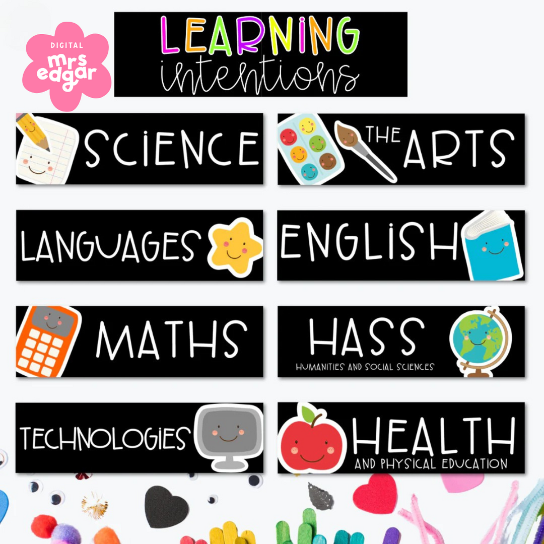 The same set of subject labels as Image 3 but placed on a craft-themed background with colourful supplies such as paint, googly eyes, and paper cutouts.
