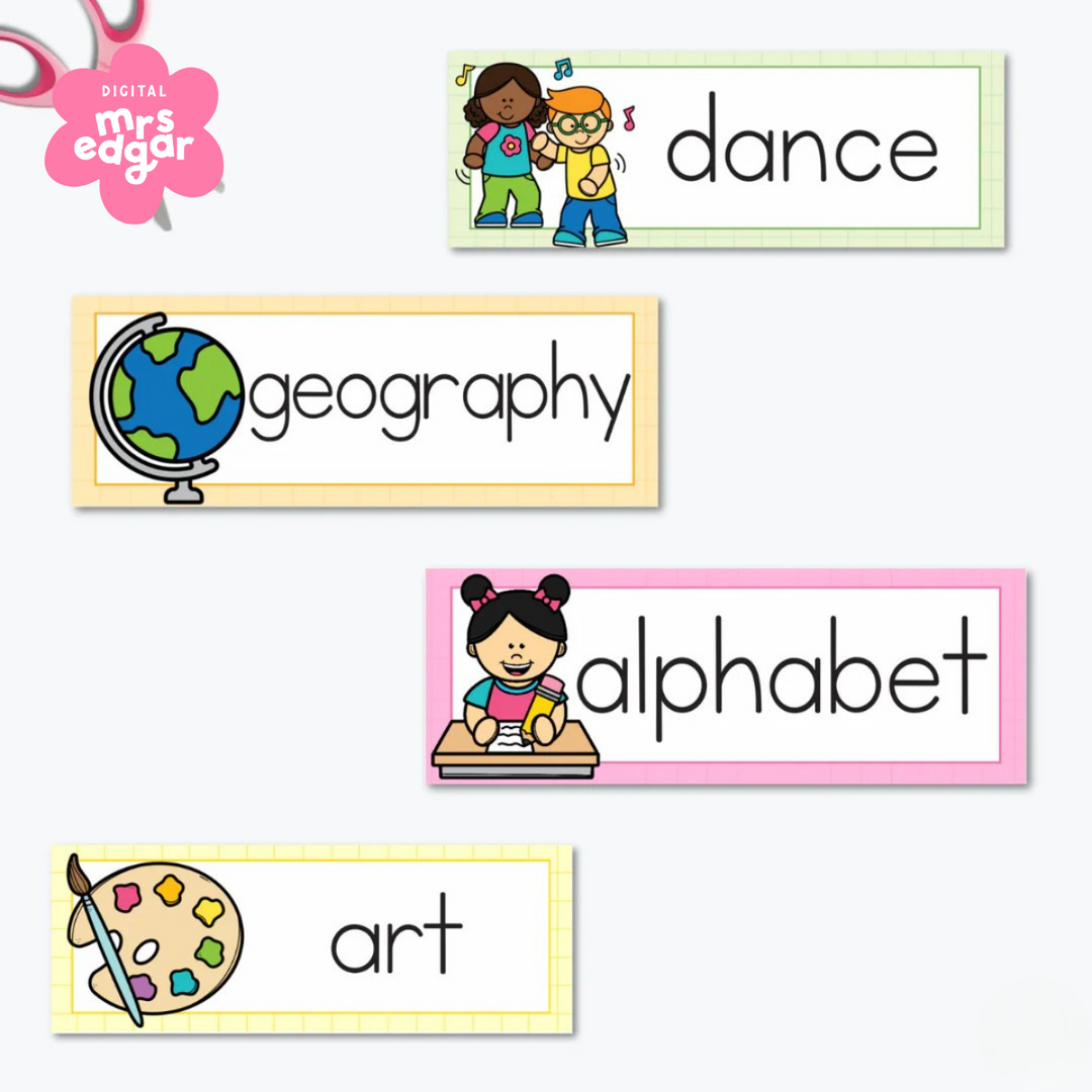 Customisable Gentle Themed Schedule Cards for classroom routines, displayed on a white background, featuring 'dance, geography, alphabet and art cards. Designed for organised and visually appealing class management.