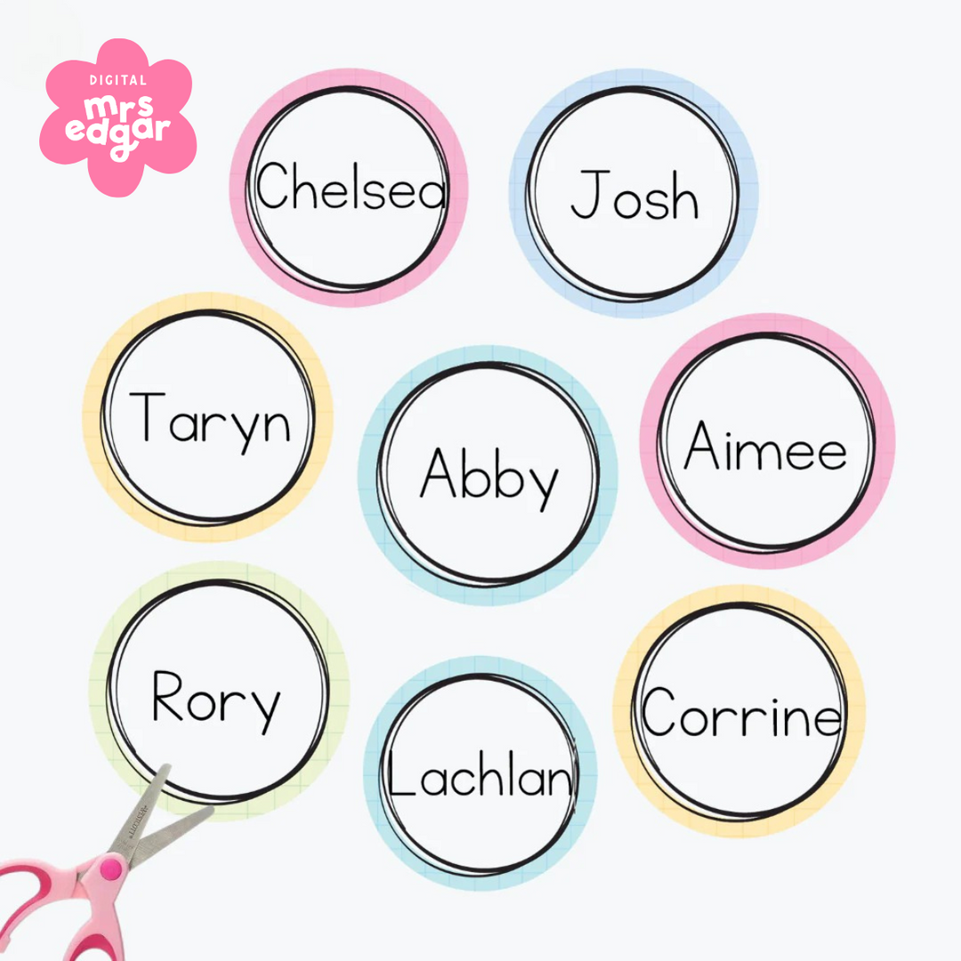 Cut-out editable student name tags arranged on a light background with scissors and colorful borders. Designed for classroom use or school supplies labeling.