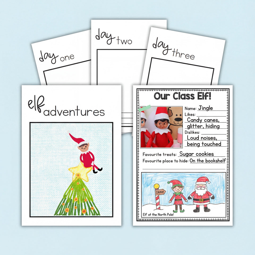 Engaging Christmas Elf Pack digital download displayed with festive classroom activities, surrounded by Christmas decorations for a holiday-themed classroom.
