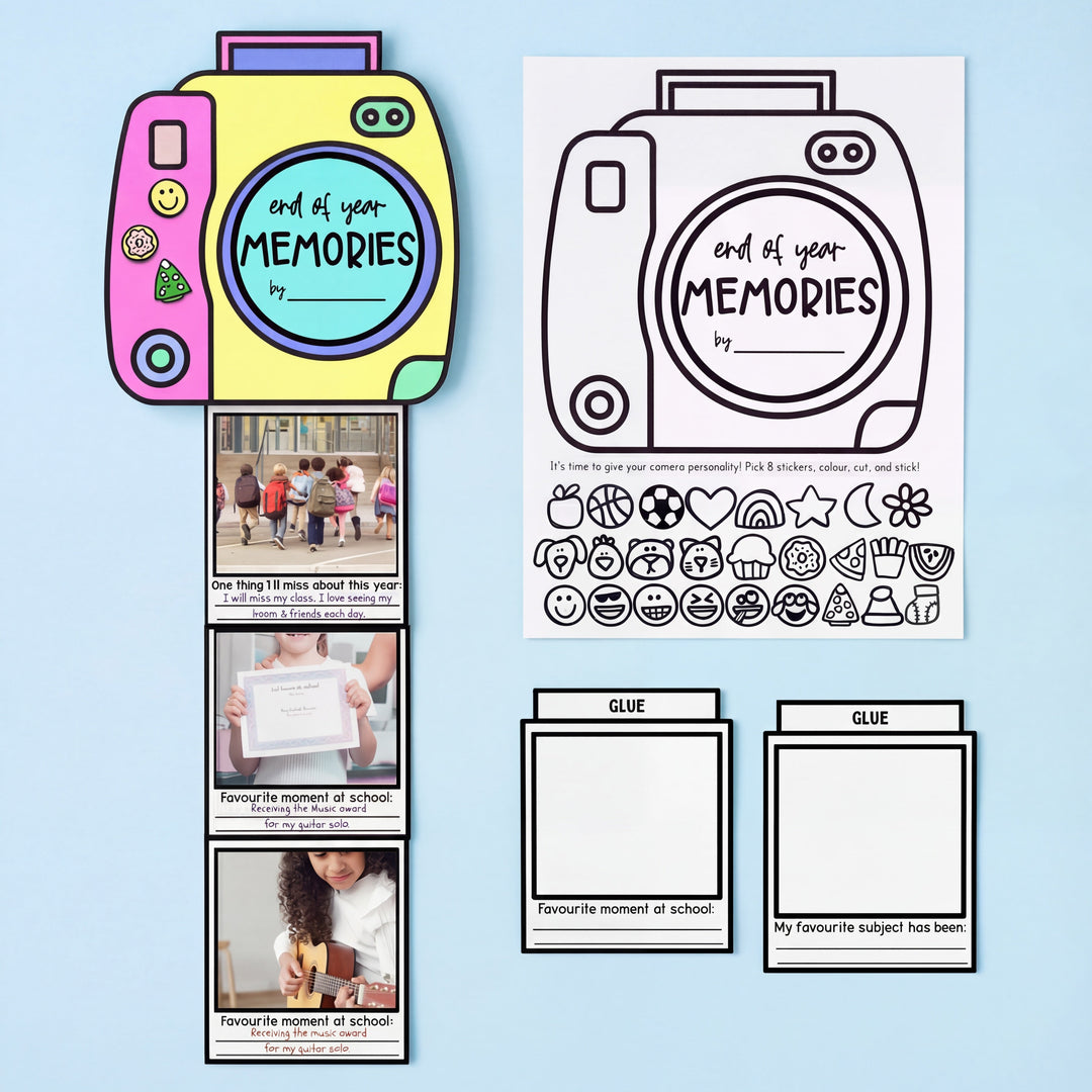 Two coloured polaroid cameras with prompts for students’ favourite moments, plus blank picture prompts in the top right.
