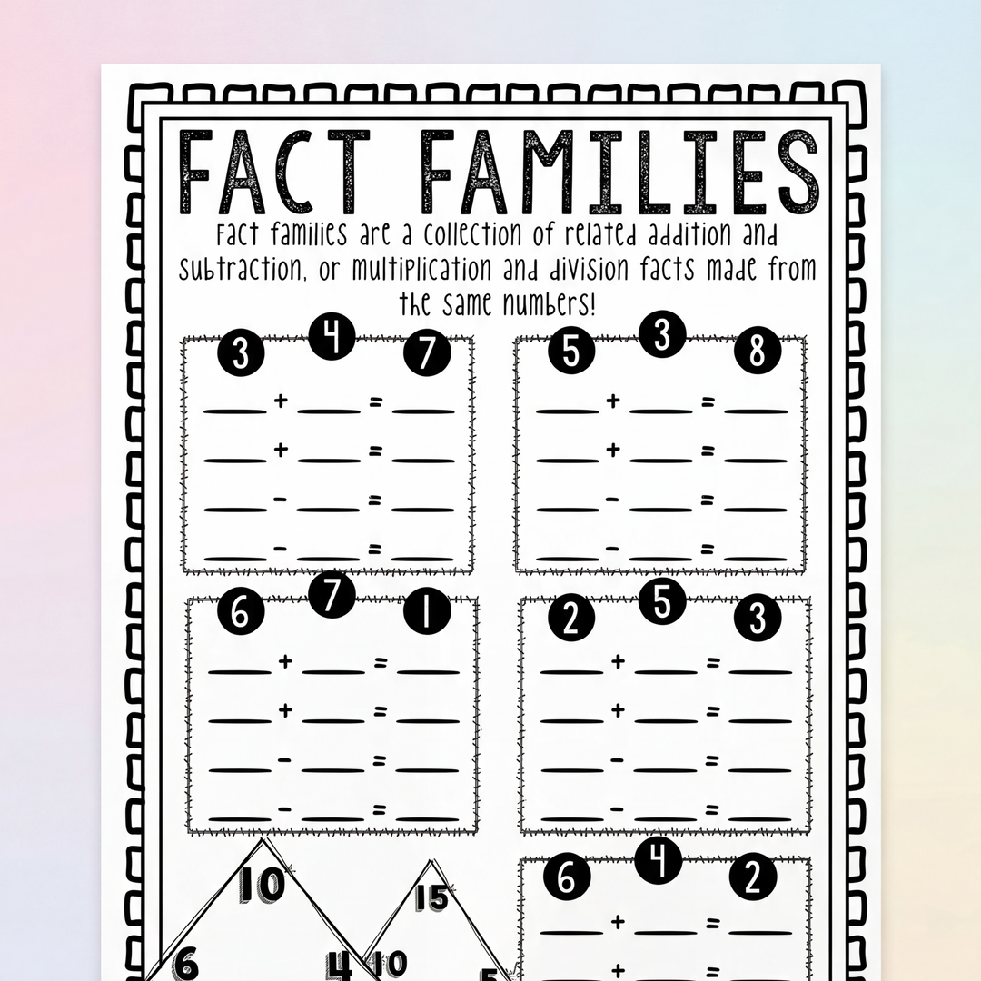 Black-and-white printable worksheet titled 'Fact Families' with sections for addition and subtraction problems using related numbers. The worksheet includes multiple sets of numbers (e.g., 3, 4, 7; 6, 7, 1) and a triangle diagram at the bottom with houses to visualise the relationship between numbers.