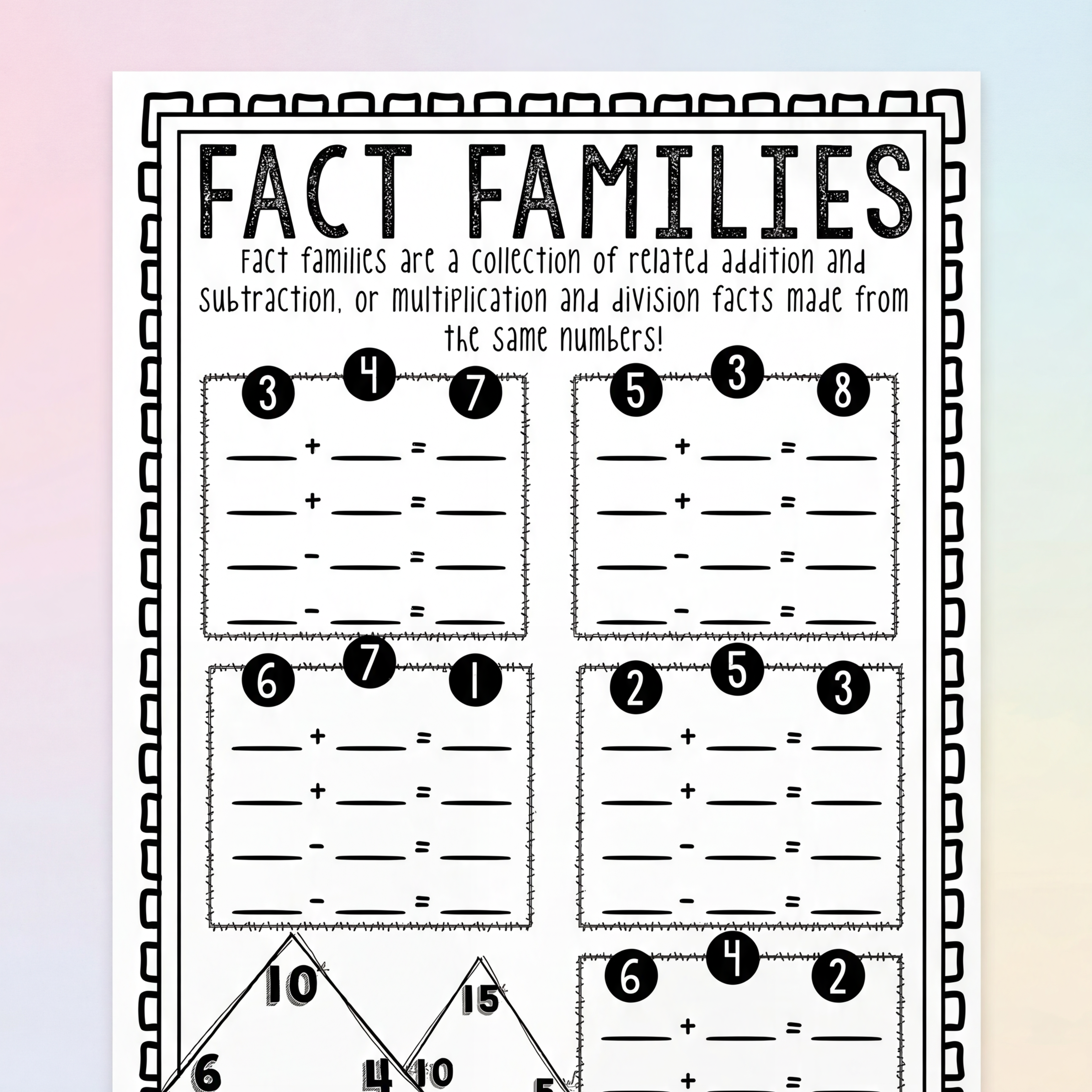 Black-and-white printable worksheet titled 'Fact Families' with sections for addition and subtraction problems using related numbers. The worksheet includes multiple sets of numbers (e.g., 3, 4, 7; 6, 7, 1) and a triangle diagram at the bottom with houses to visualise the relationship between numbers.