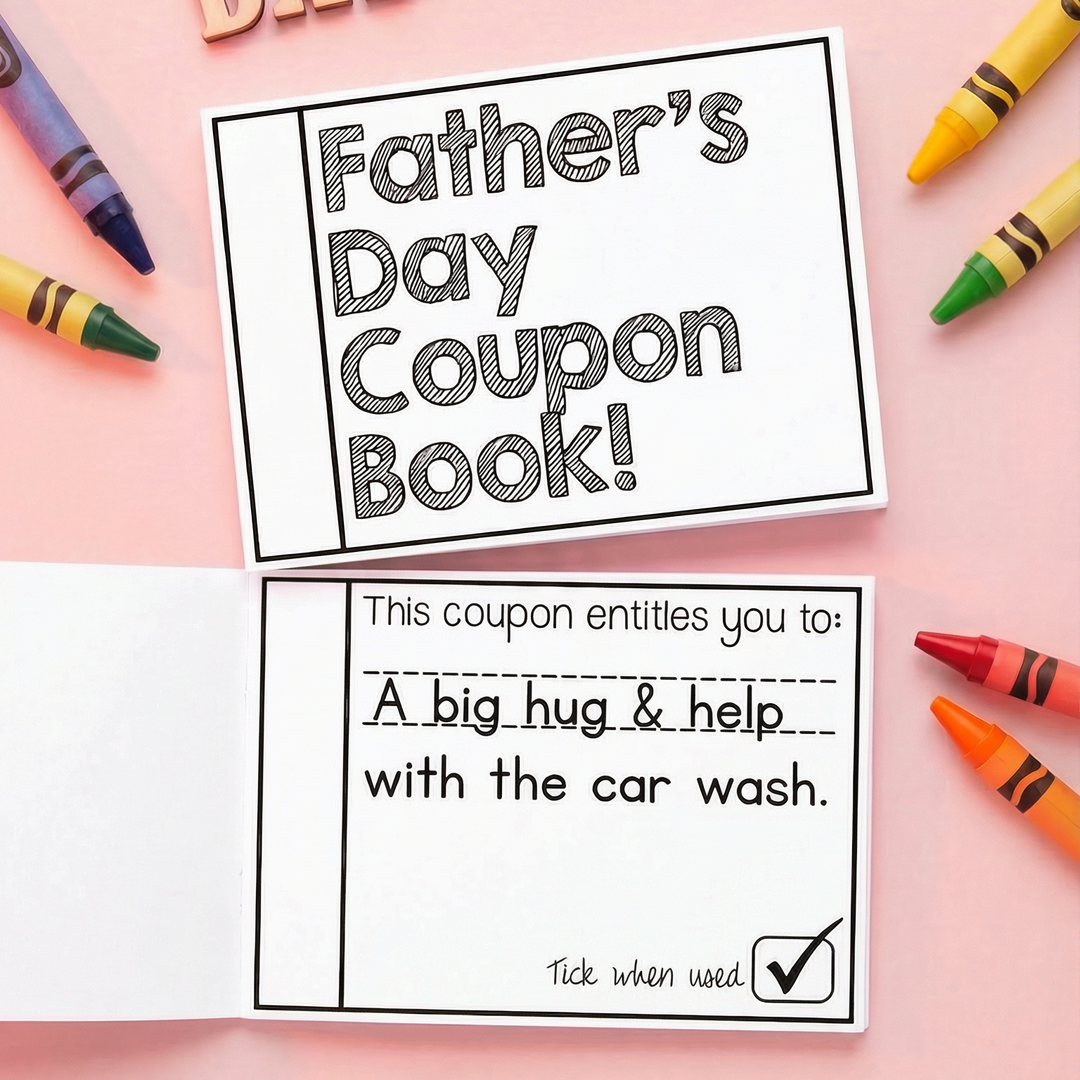 A printable Father's Day coupon book template with a simple black-and-white design. The cover reads "Father’s Day Coupon Book!" and includes a coupon template that allows children to write personalised messages.