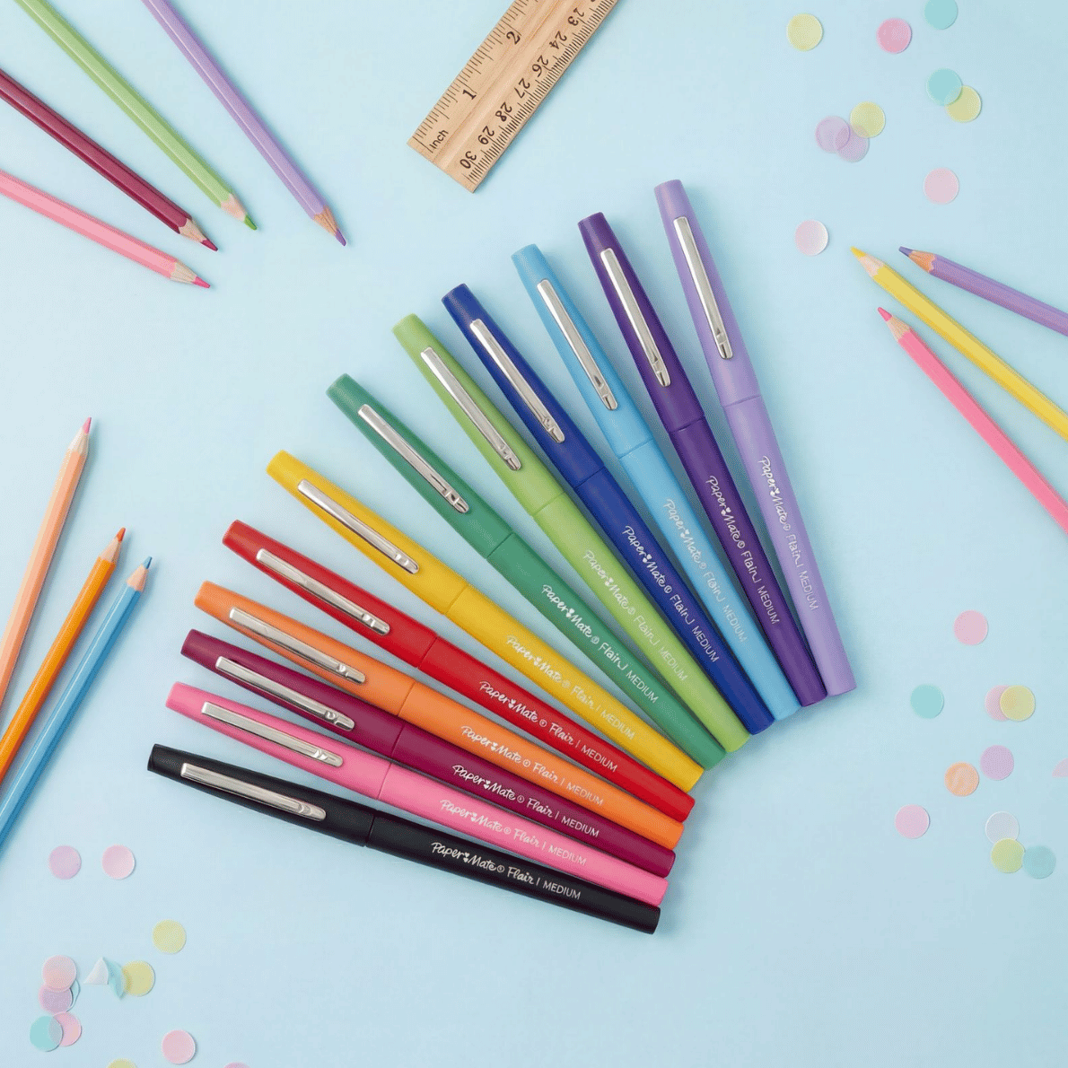 Teacher colourful felt tip pens arranged with pencils and ruler, ideal teacher pens for classroom organisation, marking and creative activities