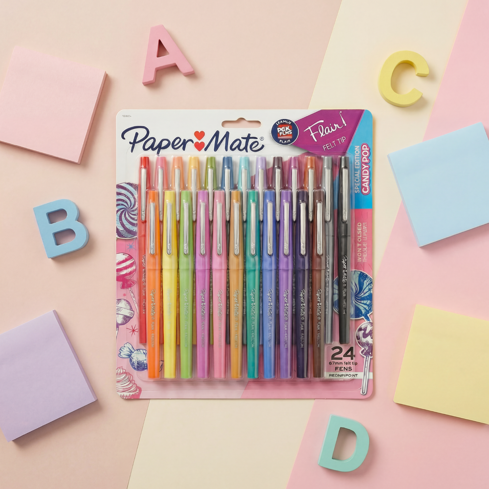 Teacher colourful felt tip pens set with pastel stationery and letters, ideal teacher pens for classroom organisation, marking and creative activities