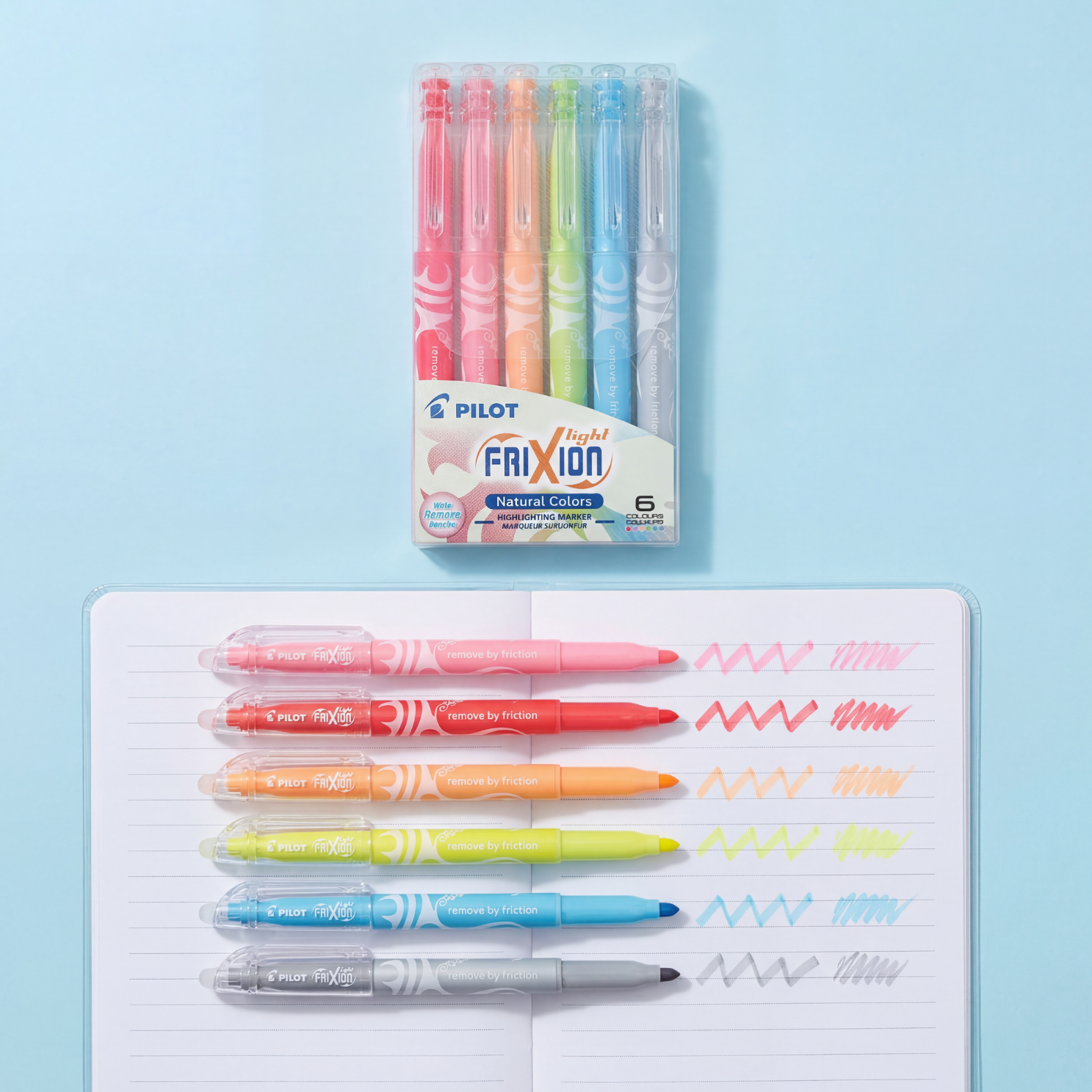 Teacher erasable highlighters set on notebook page showing colour swatches, Pilot FriXion Light markers ideal for classroom planning, studying and colour coding