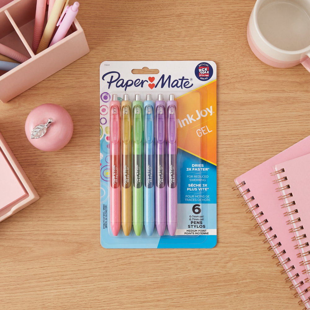 Teacher gel pens set on desk with notebook and stationery, Paper Mate InkJoy pens ideal for classroom planning, note-taking and organisation
