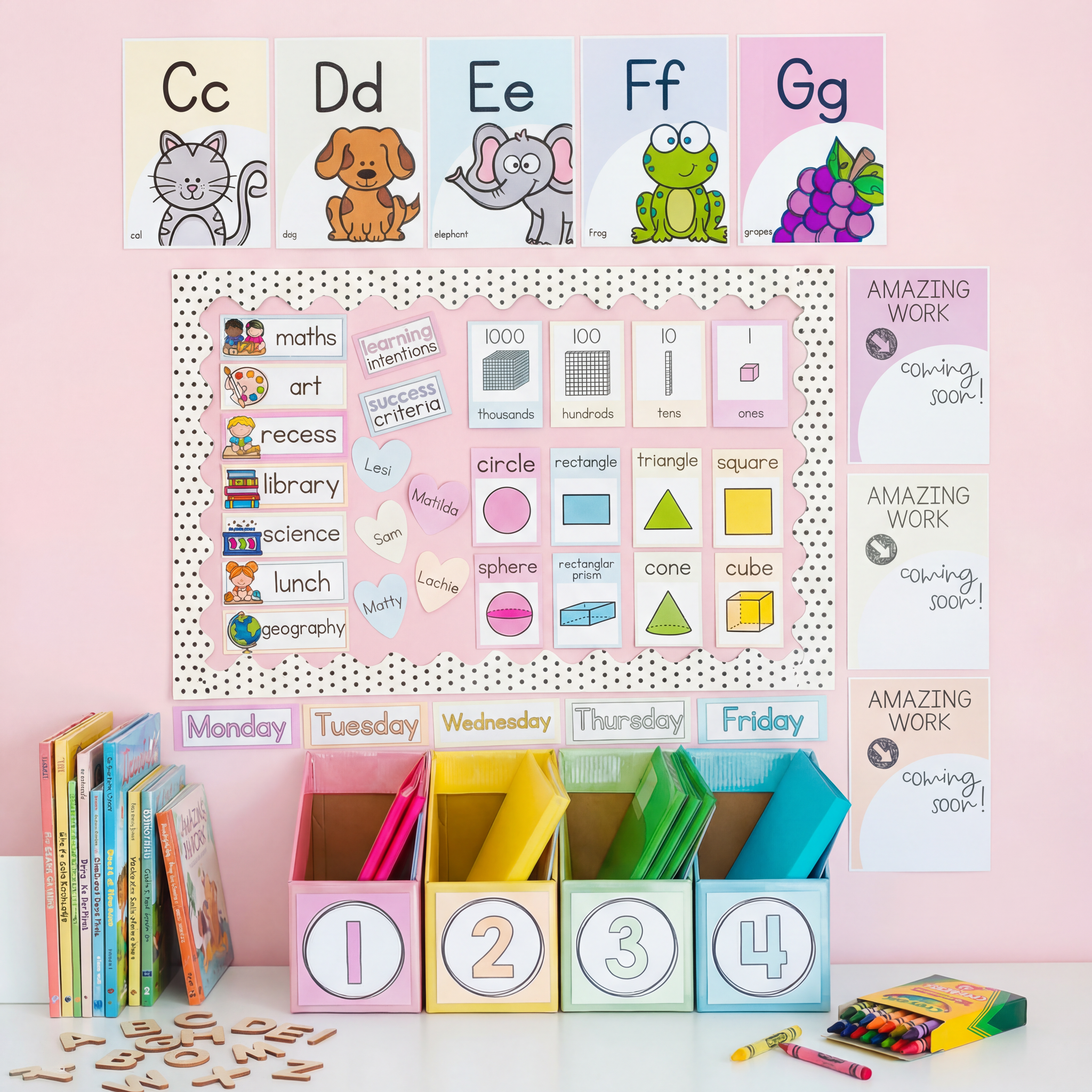 Gentle Classroom Decor Set with 16 products in soft colours for calm, displayed on a classroom wall with matching objects.