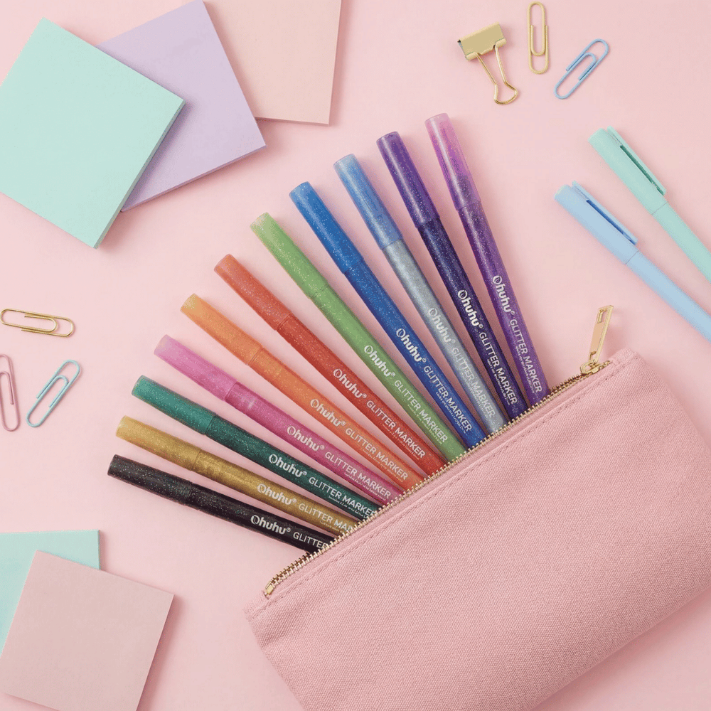 Teacher glitter pens in pencil case with pastel stationery, perfect teacher pens for classroom organisation, creative planning and student engagement