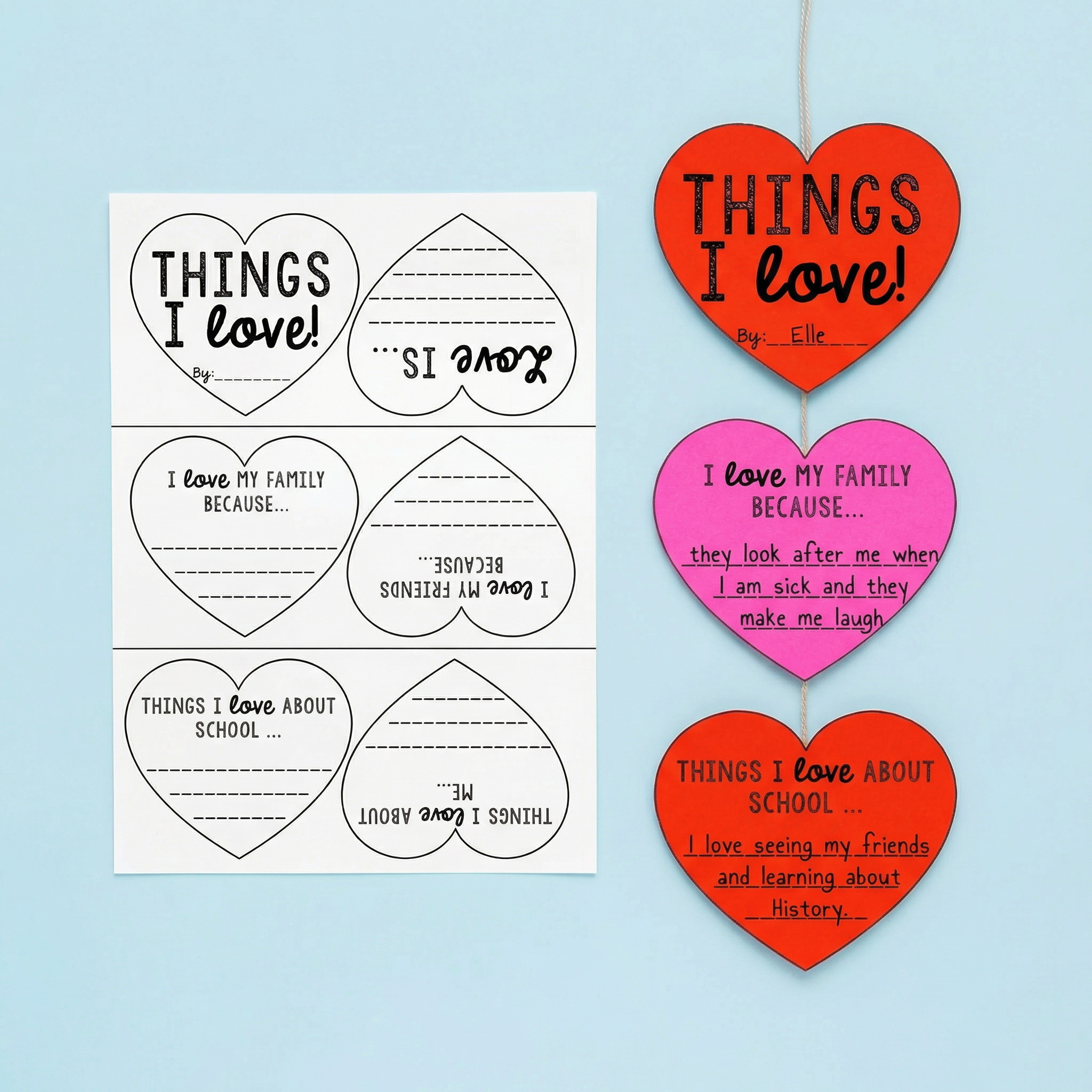 A creative and meaningful Valentine’s Day writing and craft activity designed to encourage students to reflect on the people, places, and things they love. Students complete heart-shaped writing prompts, then assemble them into a hanging display craft that promotes self-expression, sentence writing, and positive relationships. Perfect for Valentine’s Day celebrations, literacy centres, classroom displays, social-emotional learning activities, and early years or primary writing lessons.
