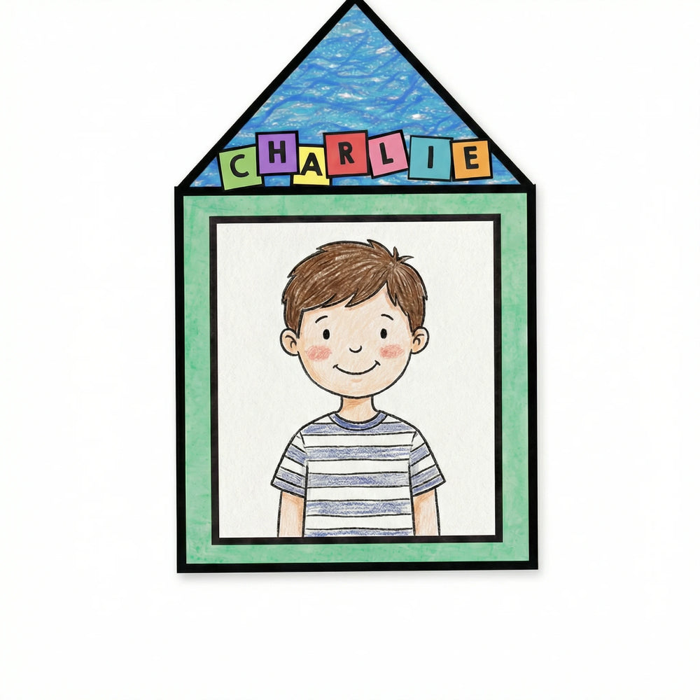 Personalised classroom portrait craft featuring a coloured drawing of a smiling child inside a house-shaped frame with the name “Charlie” spelled out in colourful letter tiles.