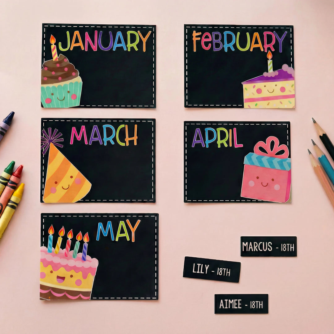 Bright classroom birthday display cards for the months January to May, decorated with cute cake and party-themed illustrations, alongside student birthday name labels.