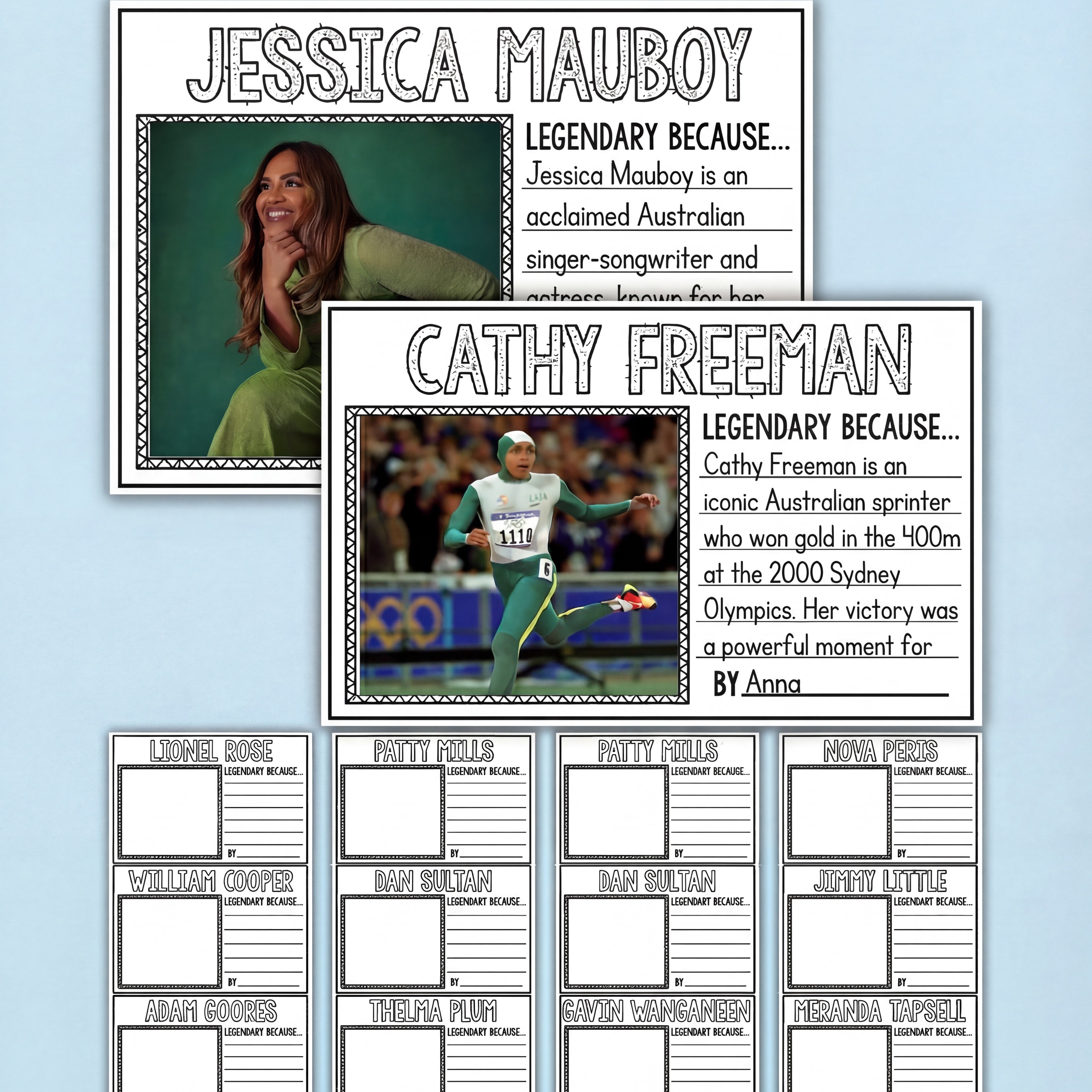 Editable Indigenous Legends worksheets highlighting Jessica Mauboy and Cathy Freeman, with sections for writing and images. Ideal for celebrating Aboriginal and Torres Strait Islander role models in the classroom.