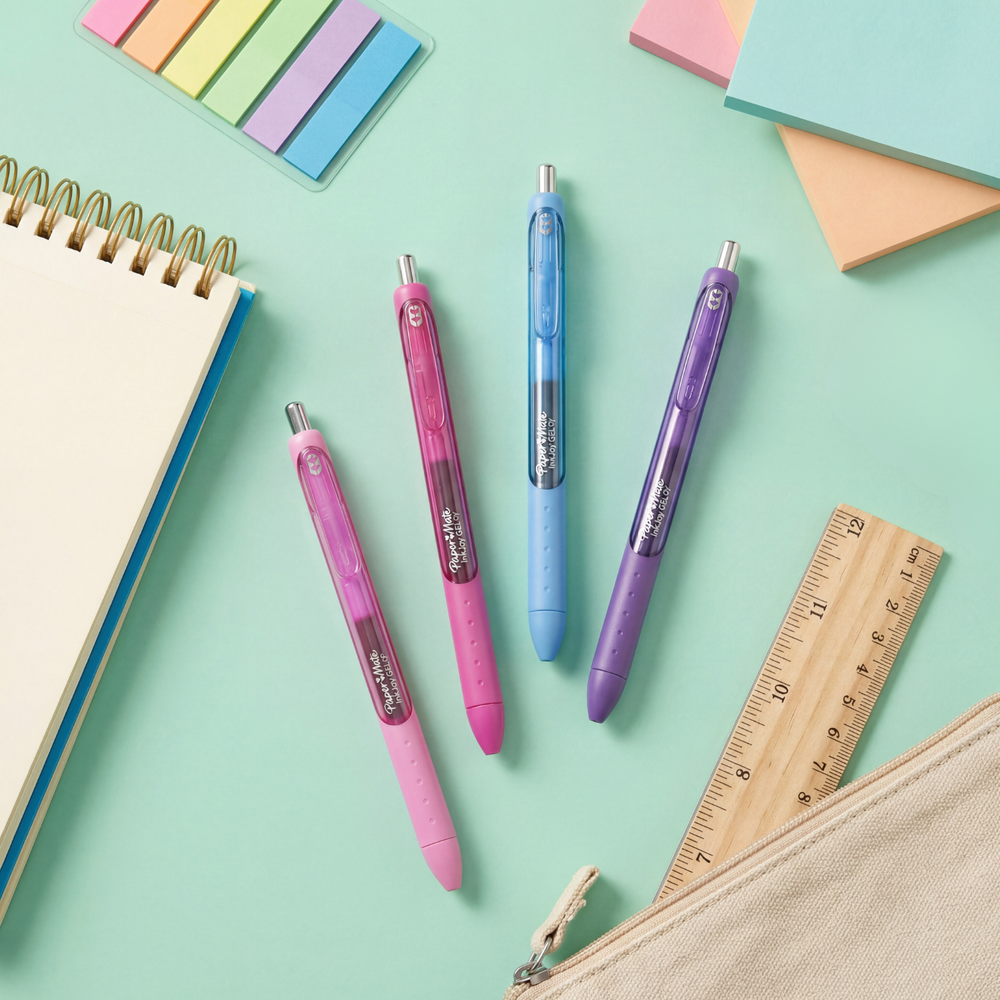 Teacher gel pens in pastel Candy Pop colours arranged with notebook and stationery, smooth InkJoy pens ideal for classroom planning, note-taking and organisation