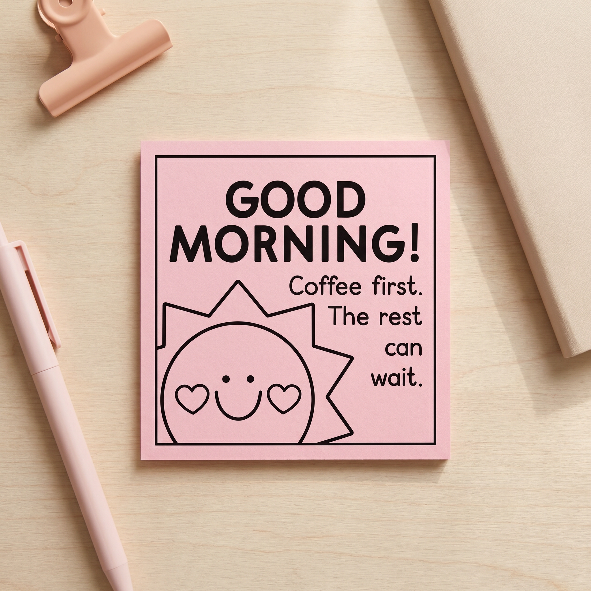 Positive morning reminder card with a cute smiling sun and funny coffee quote, perfect for teacher appreciation and staff morale.
