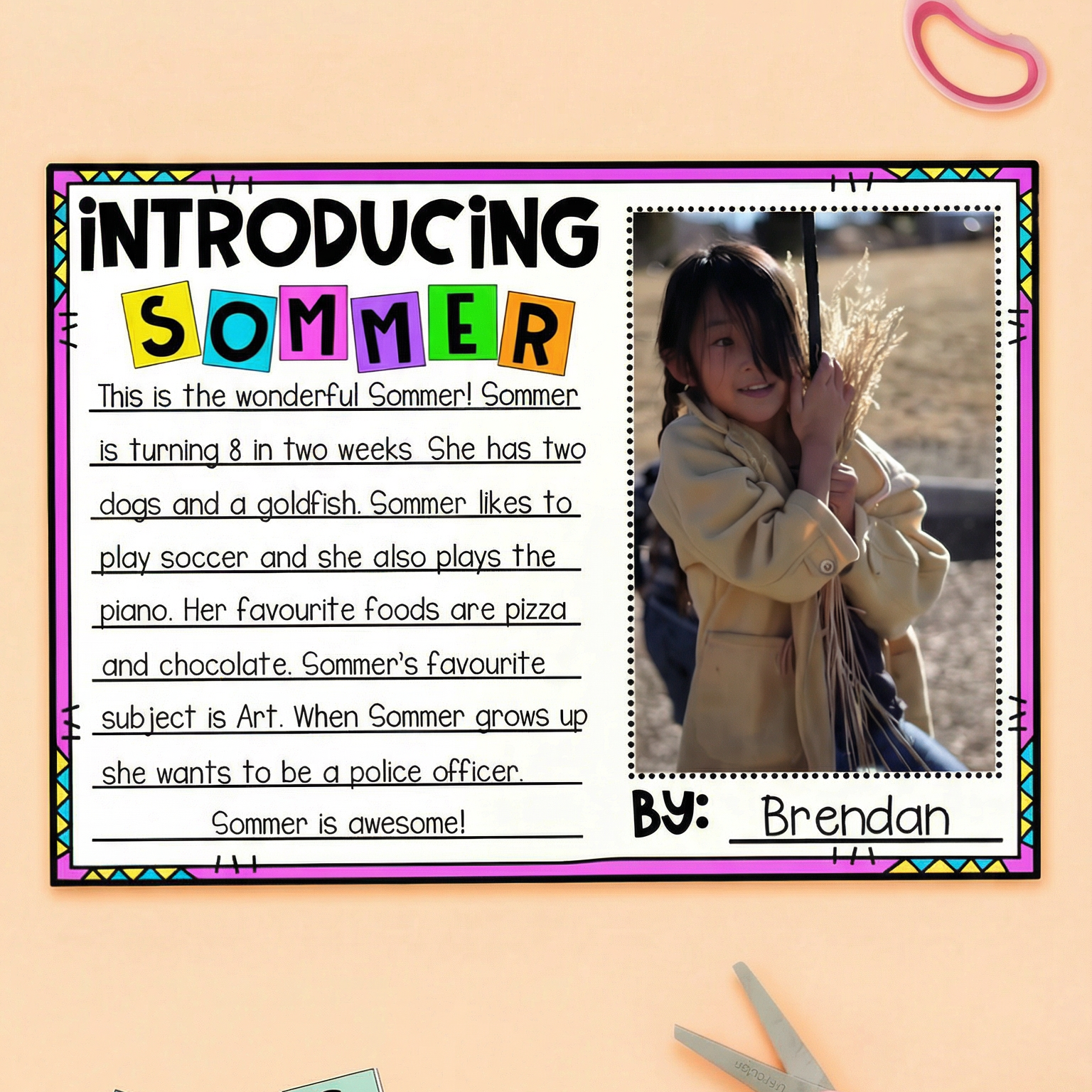 Colourful “Introducing Sommer” classroom poster featuring a student photo and a short biography about hobbies, favourite foods, pets, and future goals, bordered with bright patterned accents.