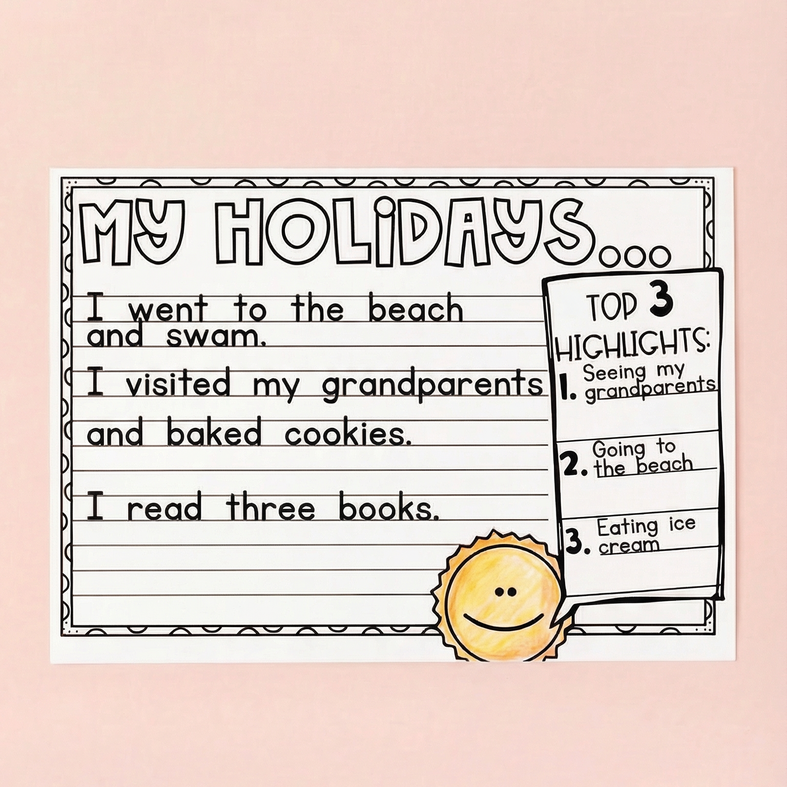 Writing Lines poster for students to recount their holiday, with writing space and a section for top 3 holiday highlights.